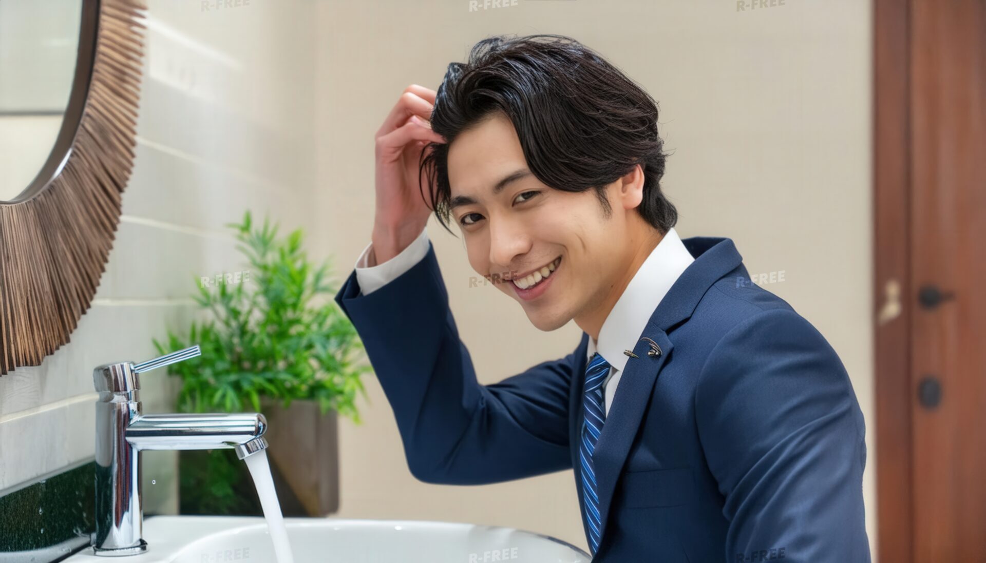 洗面所で髪を整える男性1