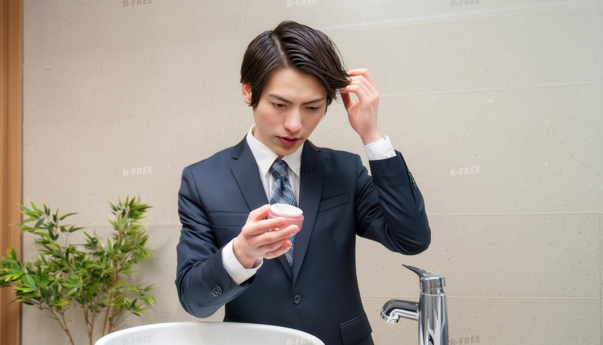洗面所で髪を整える男性2