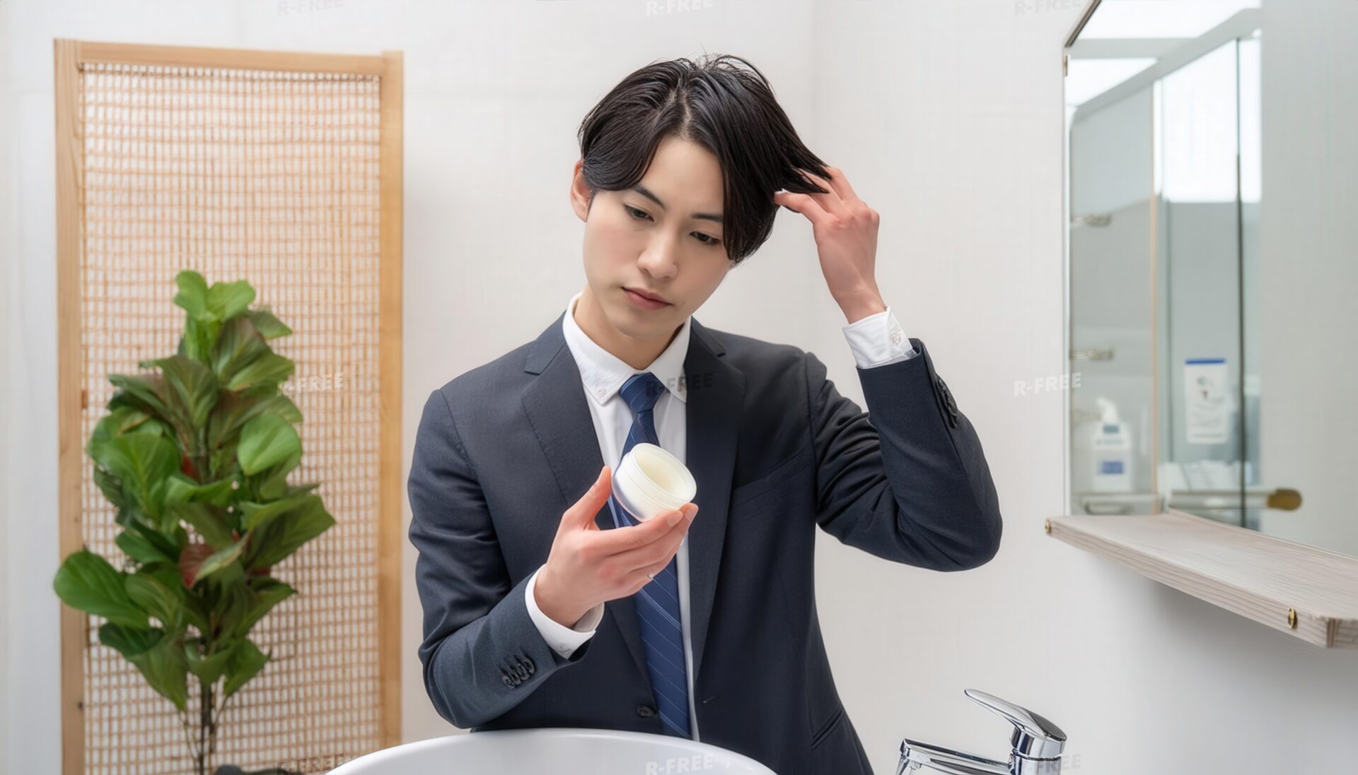 洗面所で髪を整える男性3