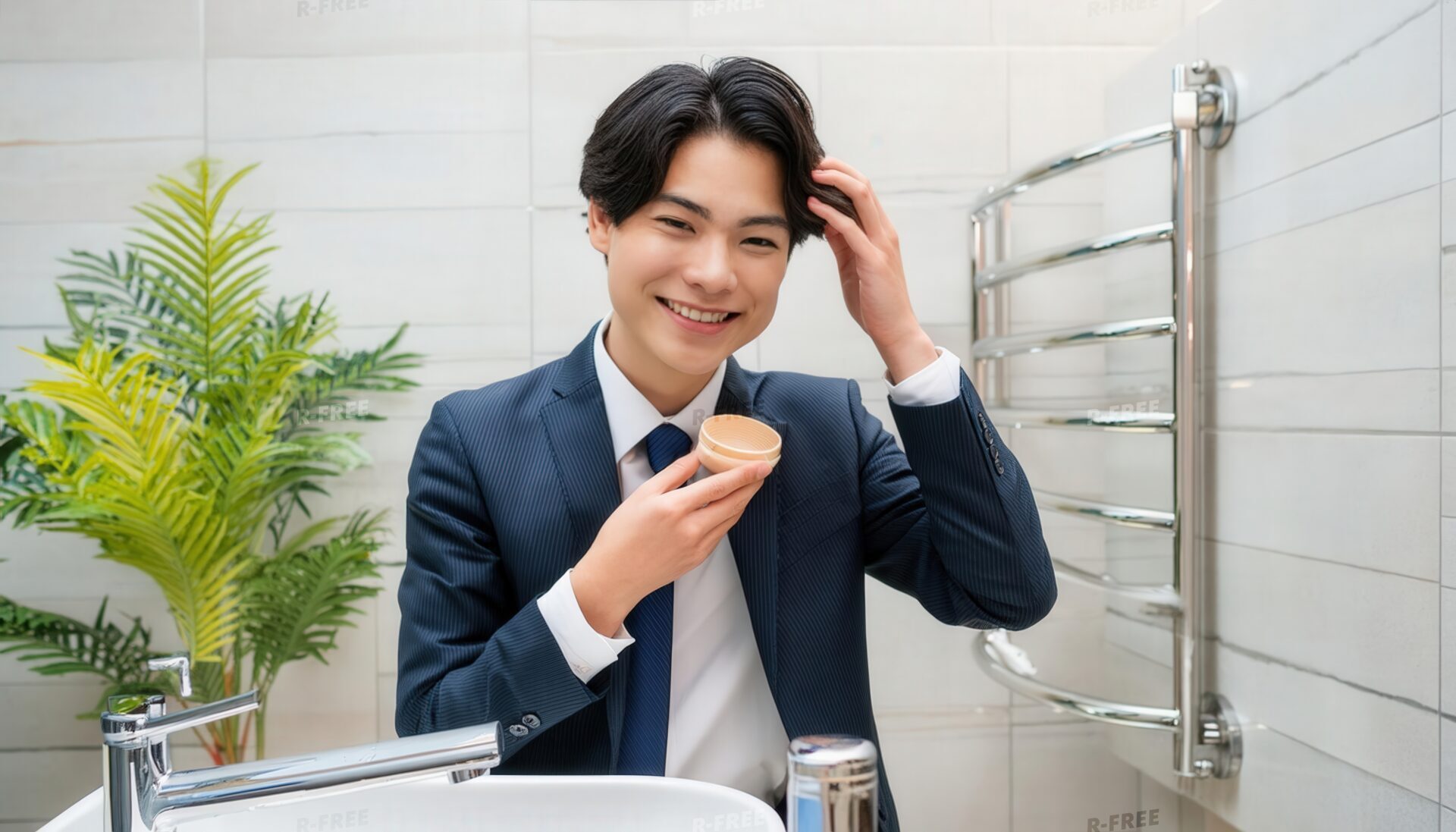 洗面所で髪を整える男性5