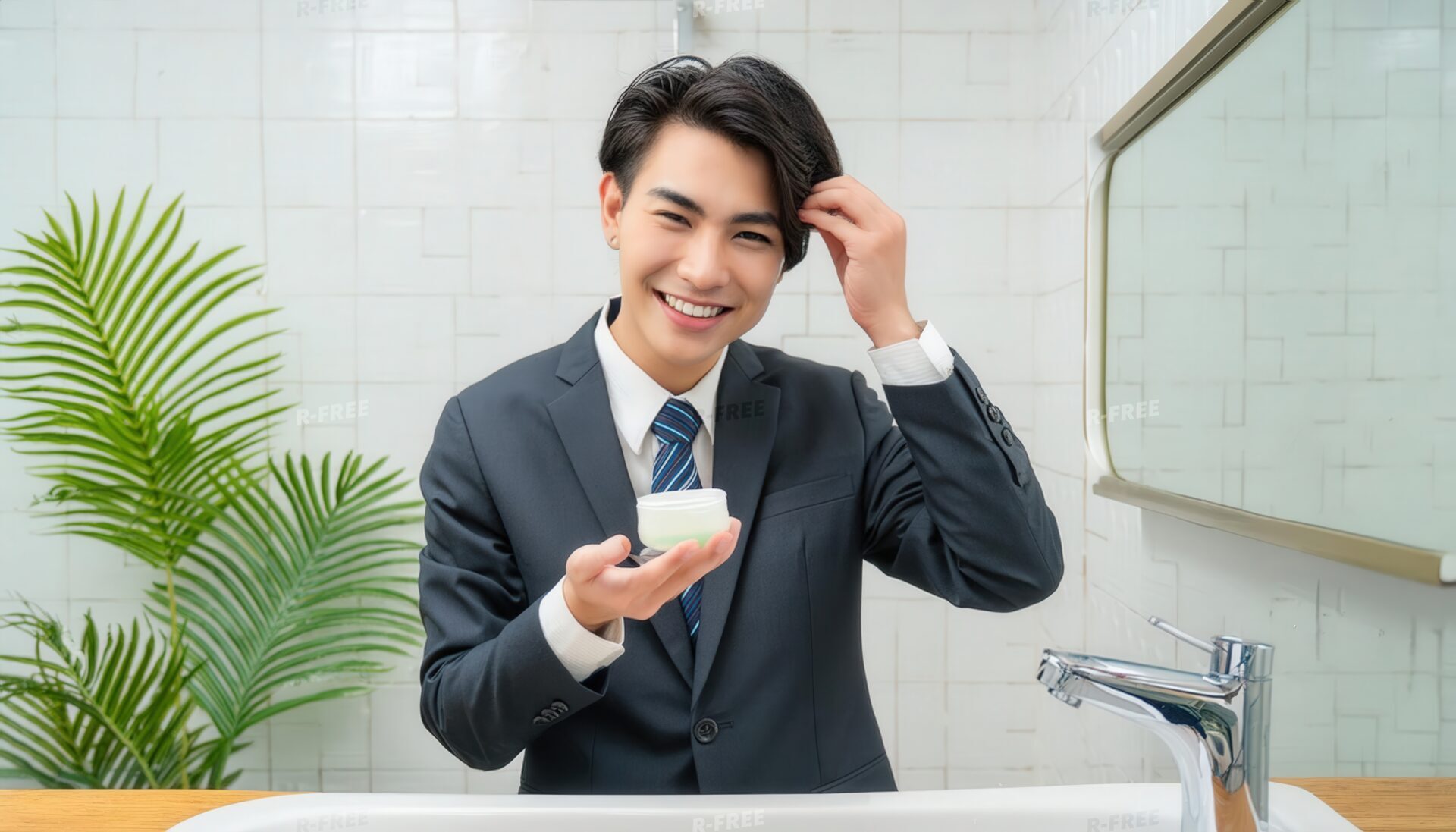 洗面所で髪を整える男性6