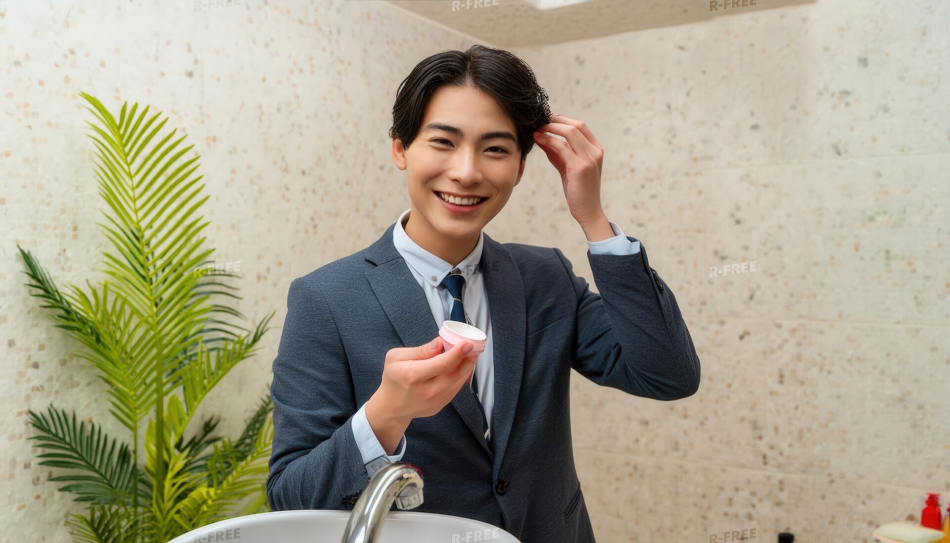 洗面所で髪を整える男性7