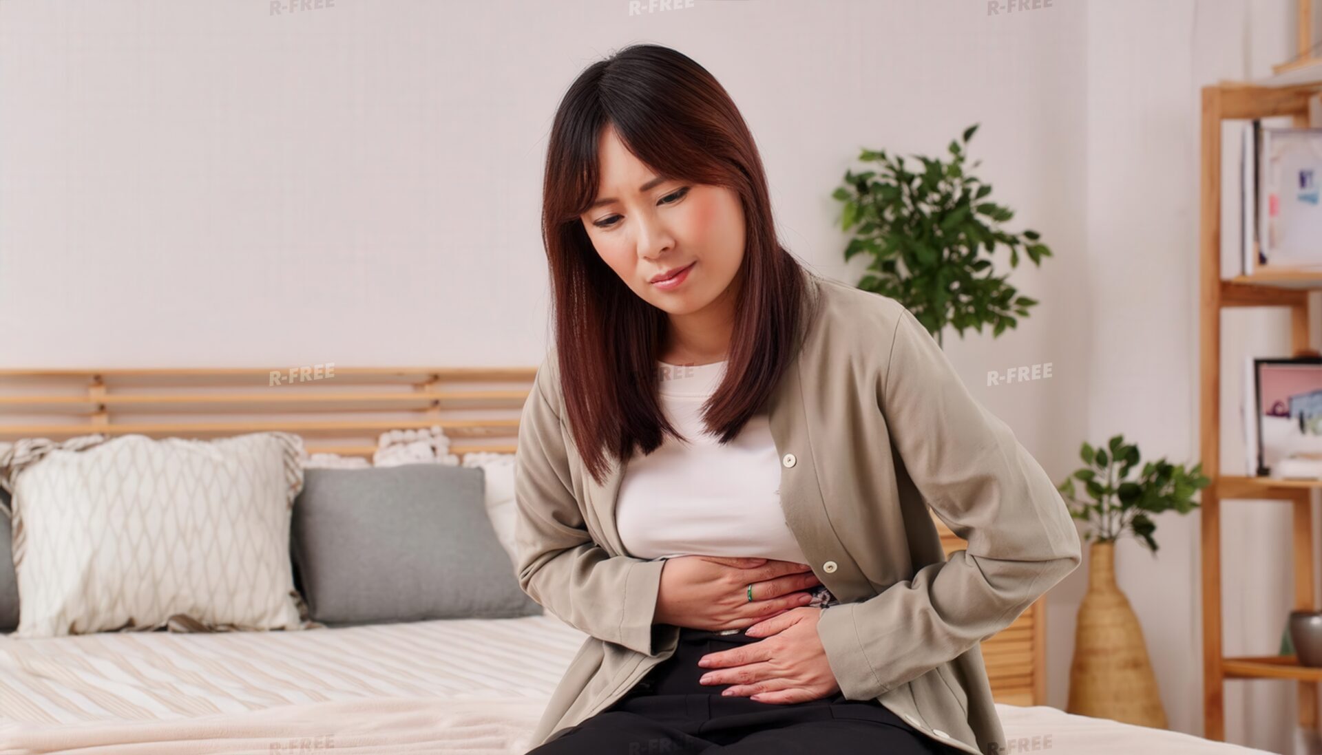 お腹を押さえる女性1