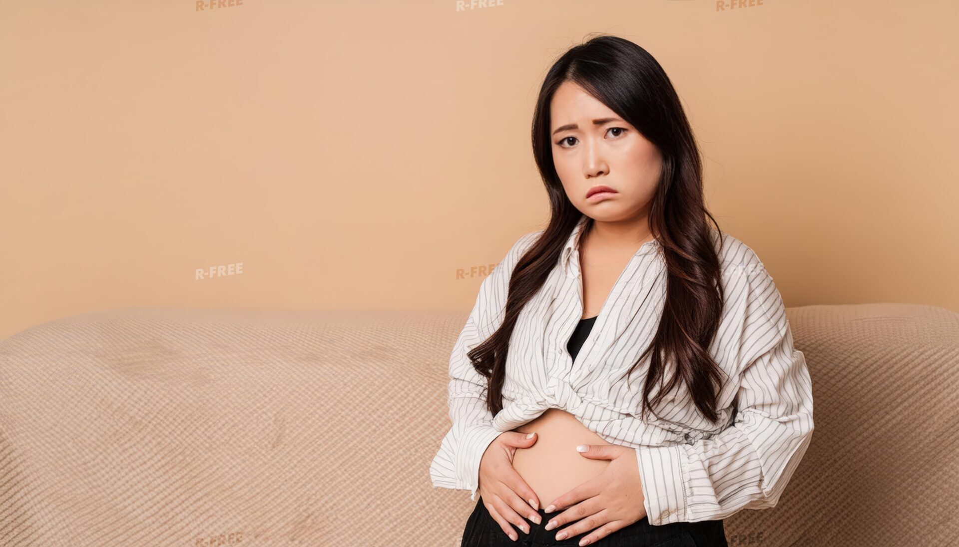 不安げな表情でお腹に両手を添えるストライプシャツの女性