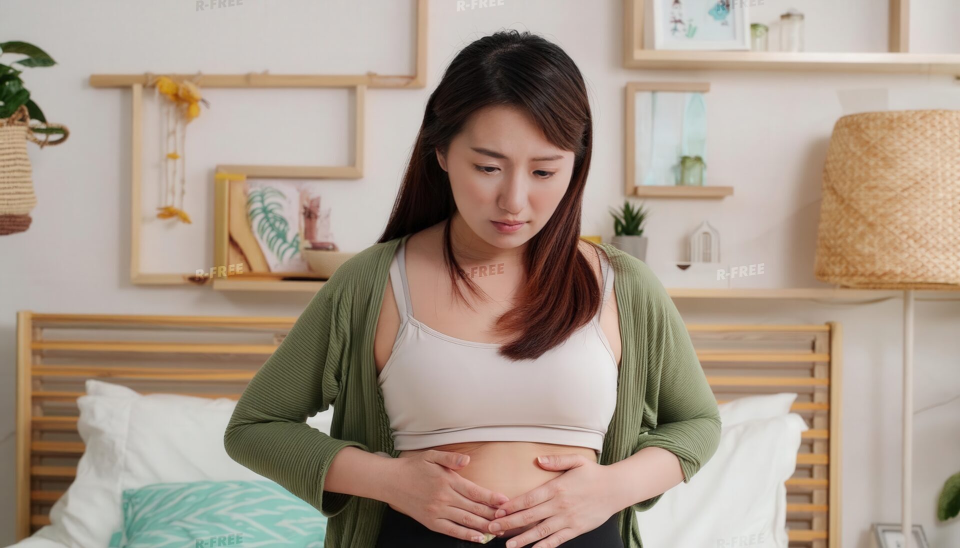 寝室でお腹を押さえる女性
