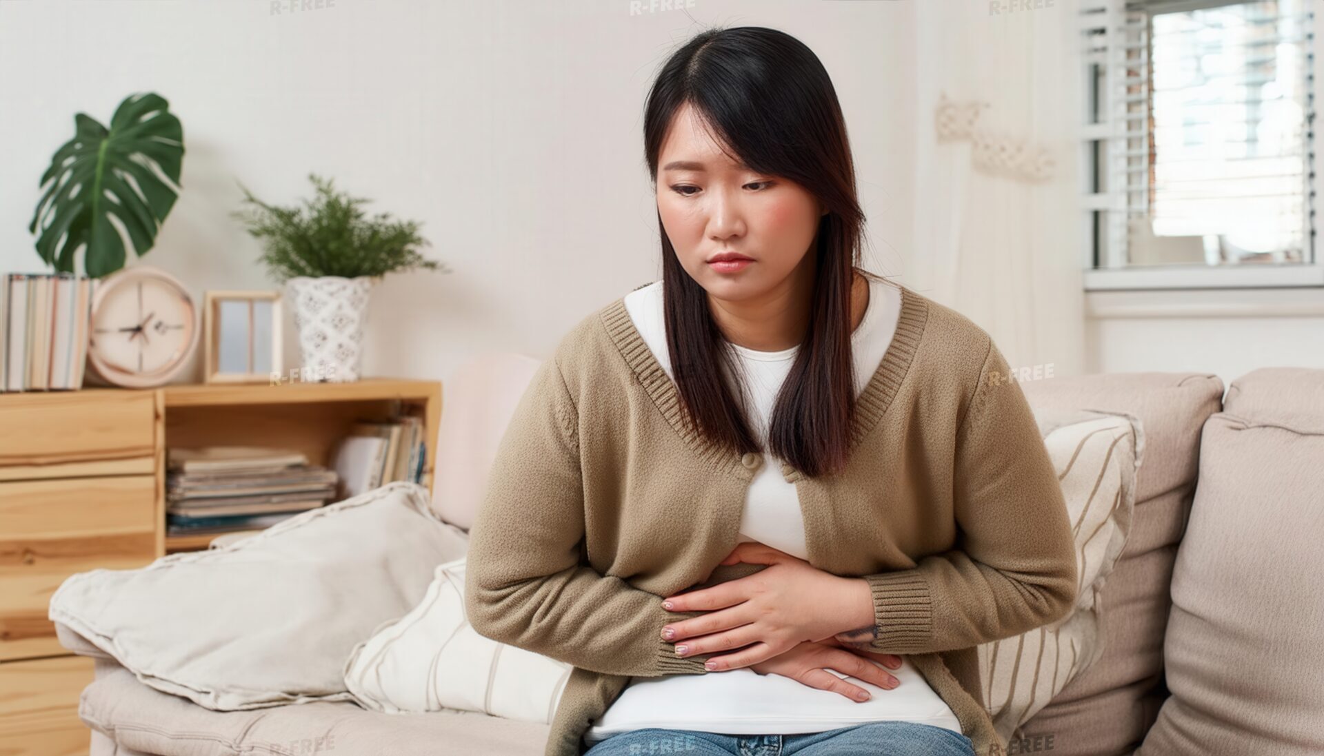 両手でお腹を抱えて辛そうにする茶色カーディガンの女性