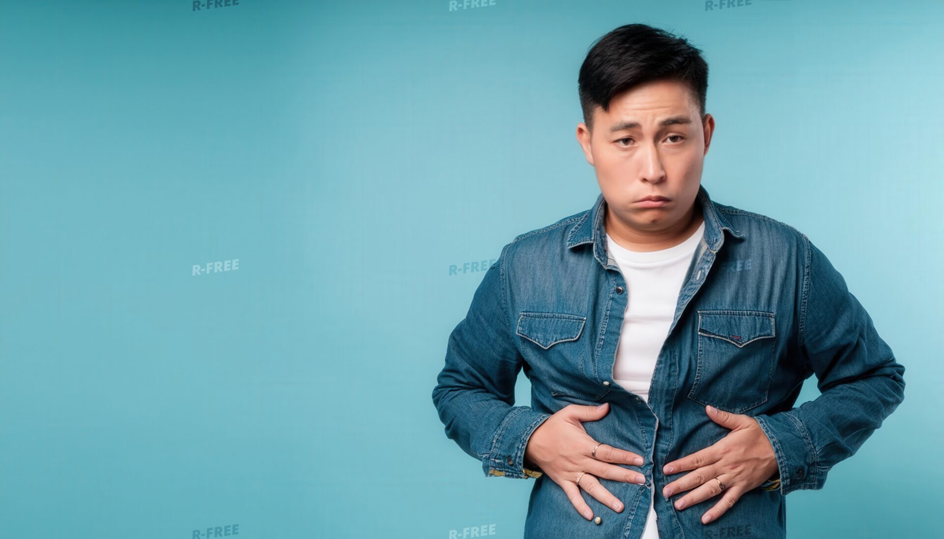 頬を膨らませ両手でお腹を押さえるデニムシャツの男性