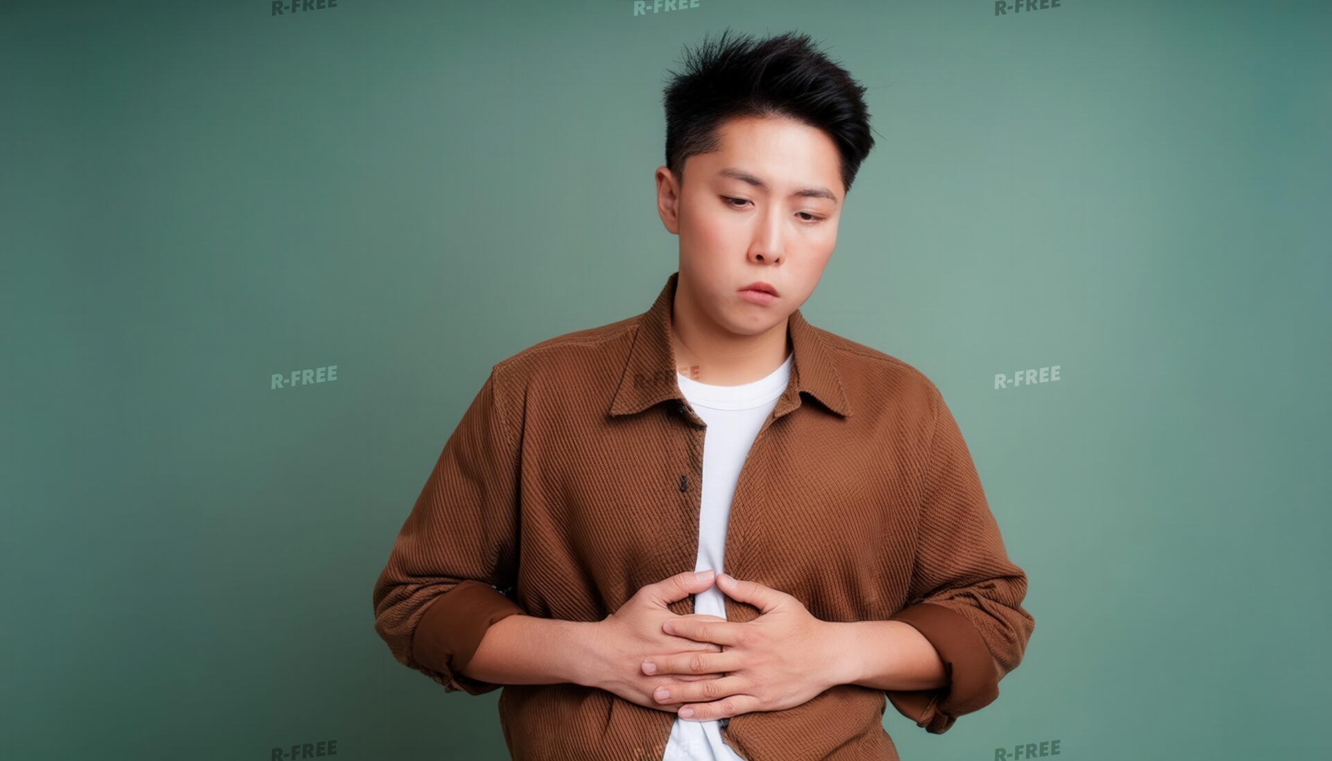 緑の背景でお腹を押さえる男性