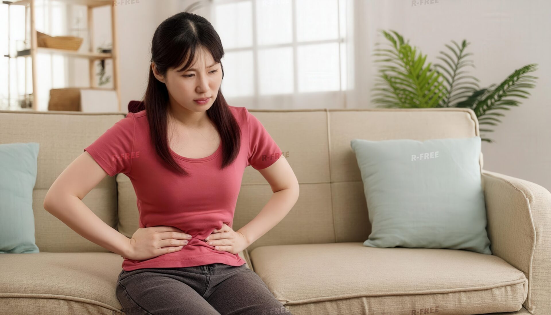 ソファで苦悶の表情でお腹を押さえるピンクTシャツの女性
