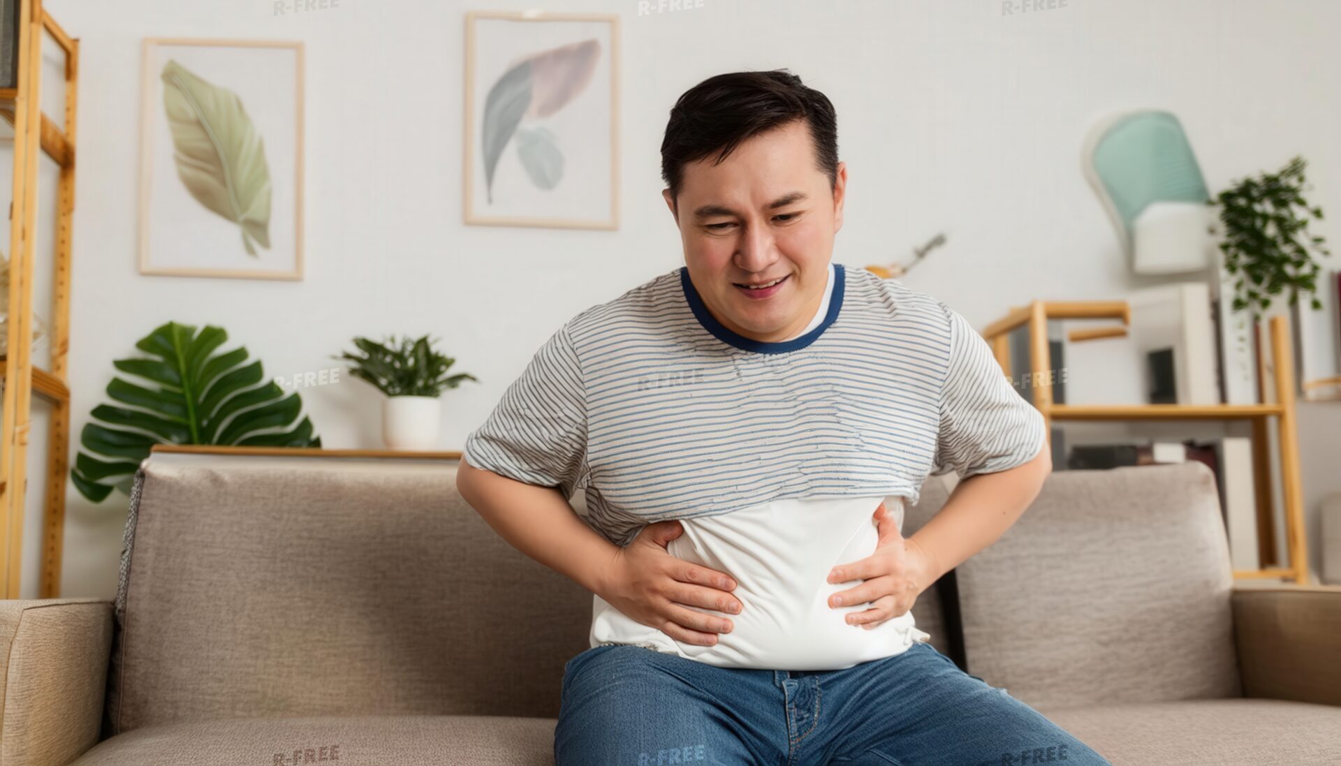 ソファでお腹を触る男性