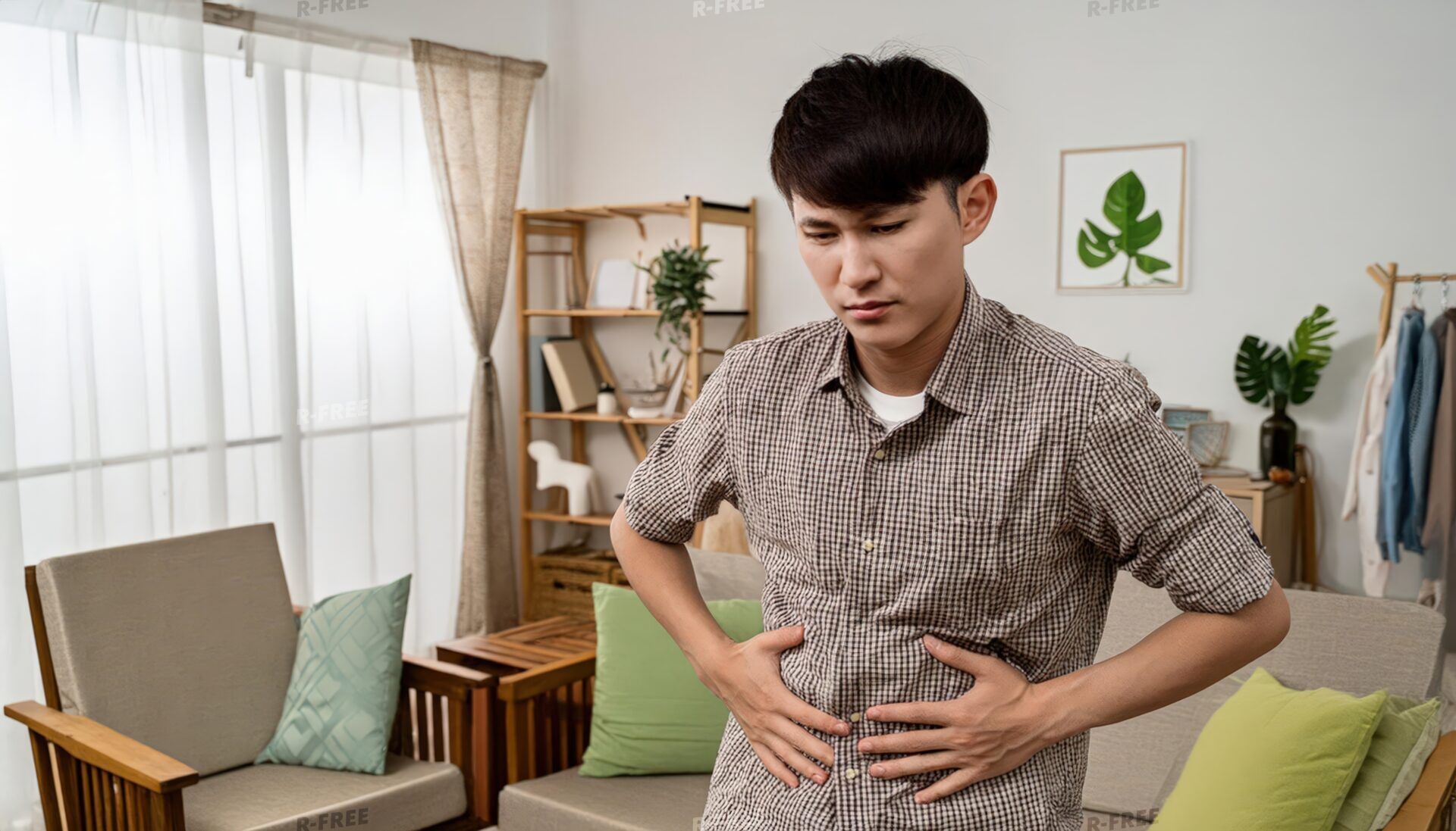 お腹を両手で押さえて苦悶するチェックシャツの男性