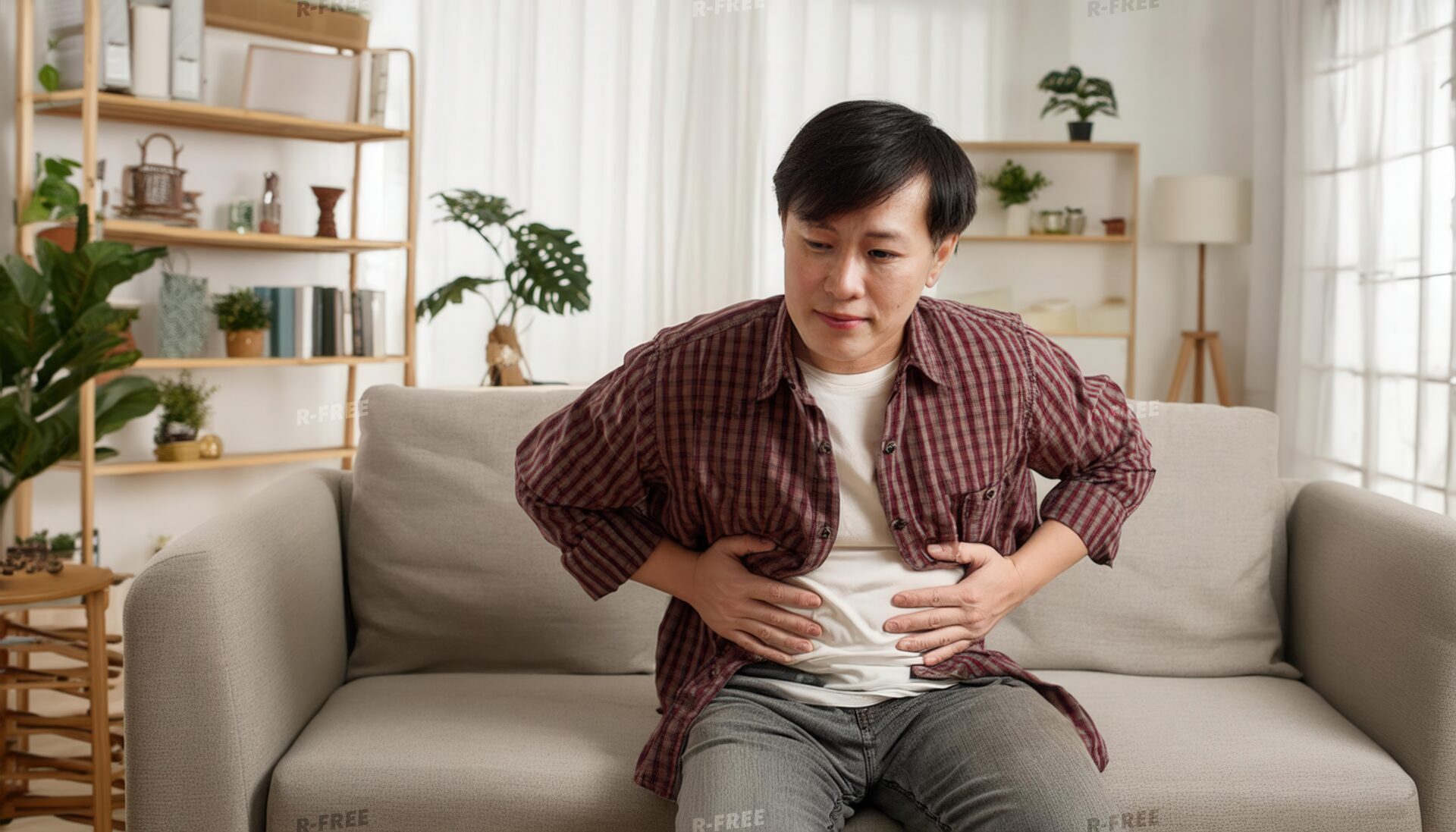 ソファでお腹を抱える苦悶の表情のチェック柄シャツの男性