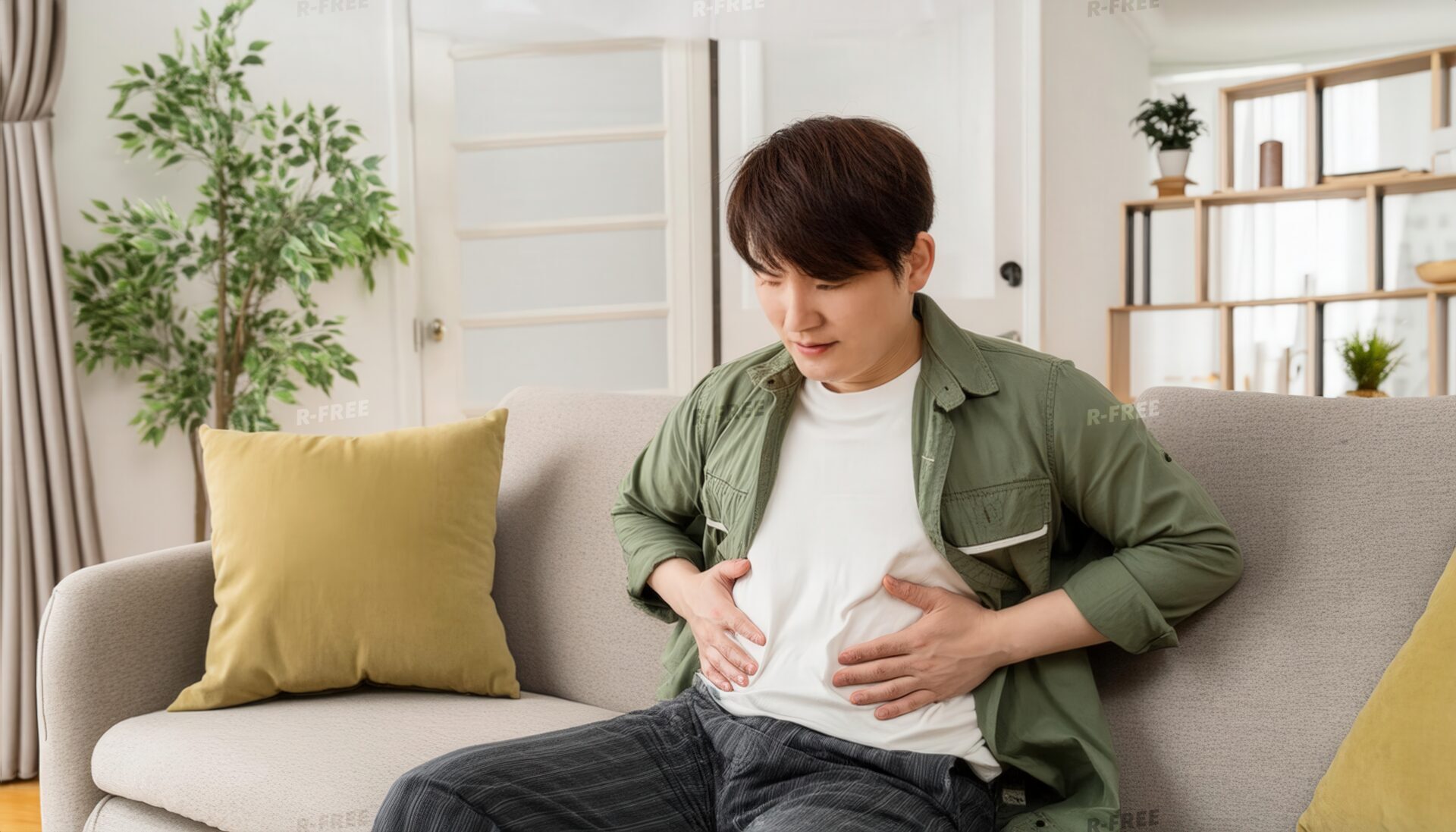 ソファでお腹を抱える下を向く緑のシャツの男性