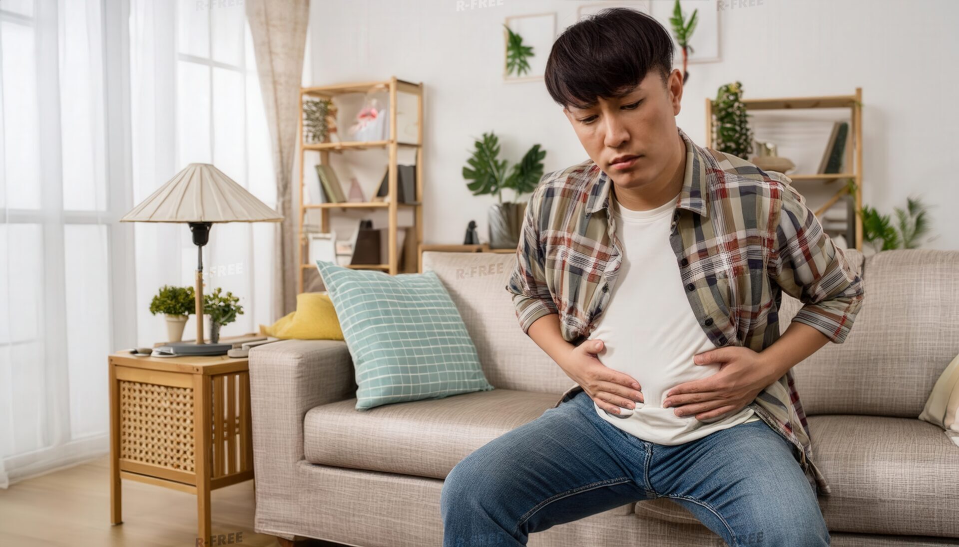 ソファでお腹を両手で押さえて苦悶する男性