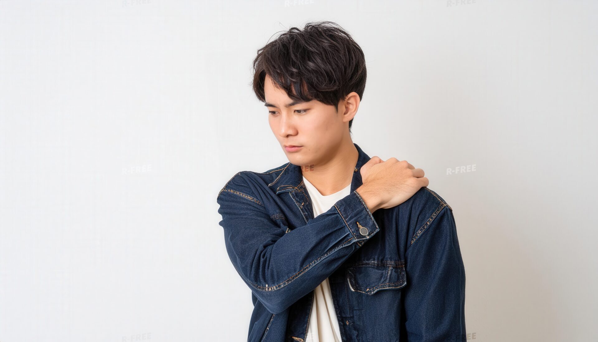 肩こりで左肩を押さえ視線を落とすデニムジャケットの男性