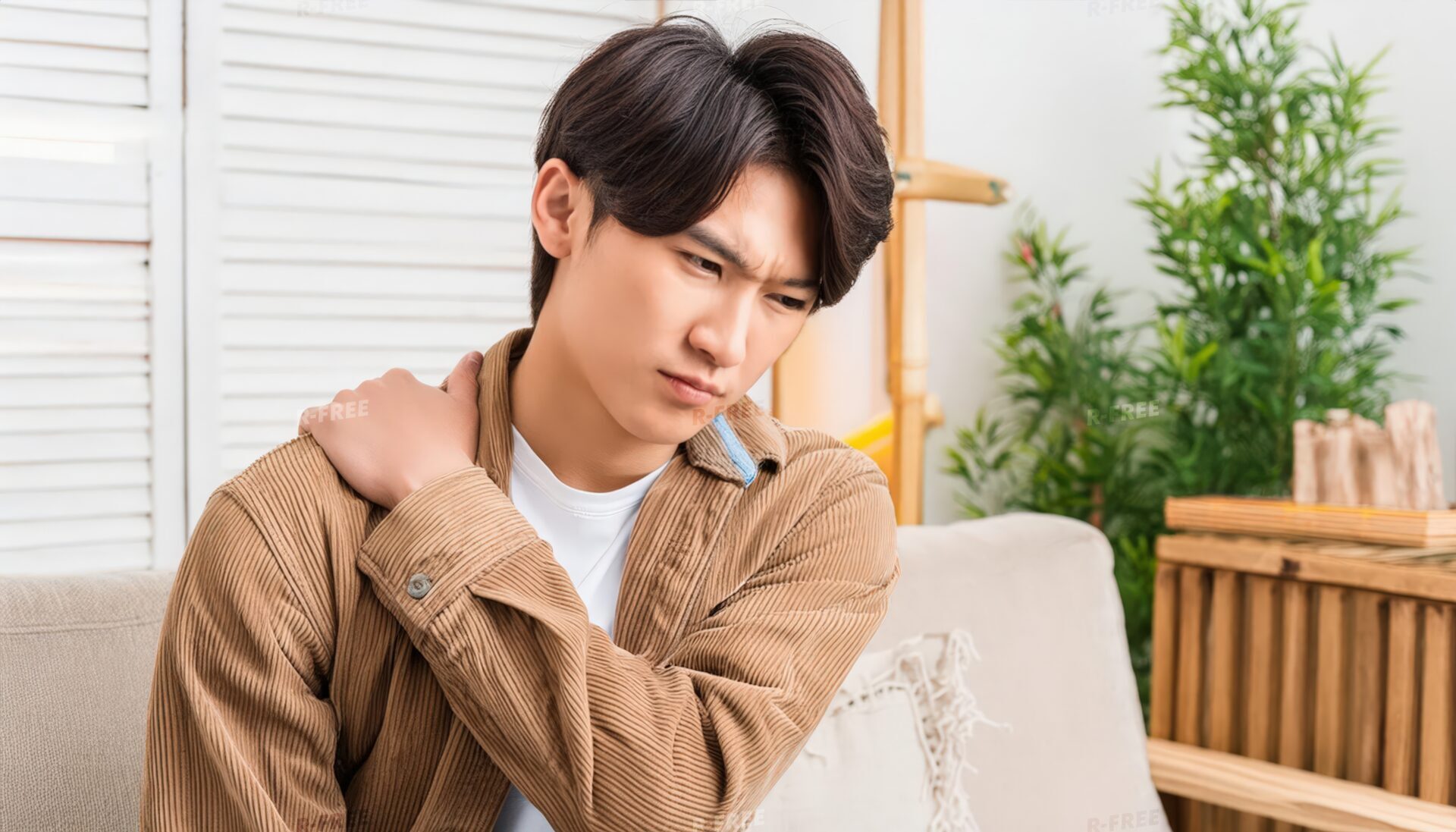 肩こりで右肩を揉む茶色シャツの20代男性
