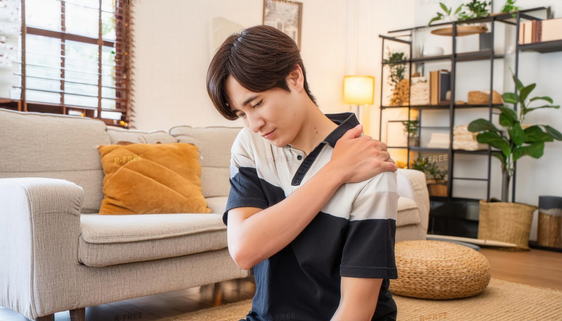 肩こりで左肩を押さえる明るいリビングの20代男性