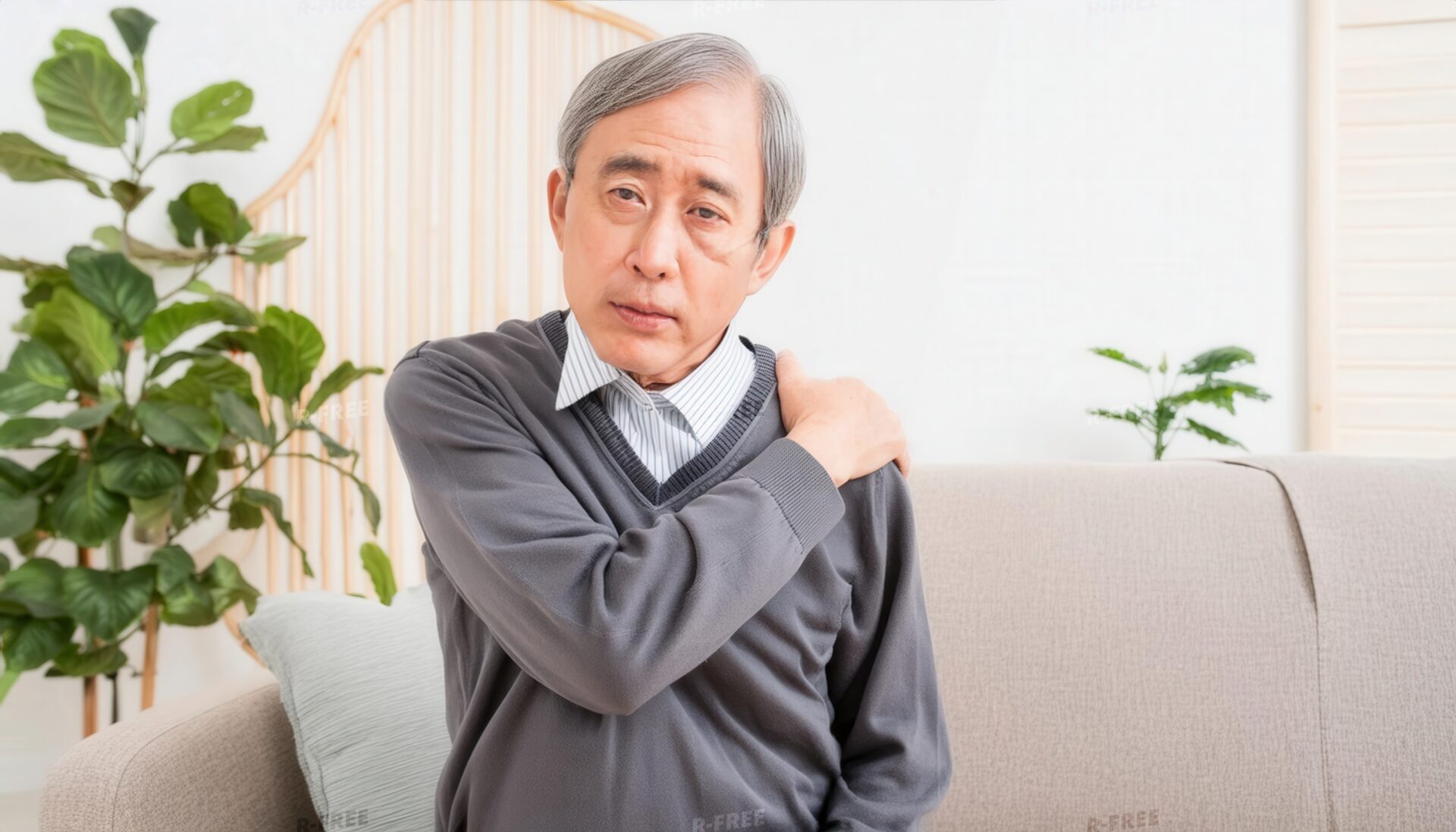 肩こりで肩を押さえ正面を見るグレーセーターのシニア男性