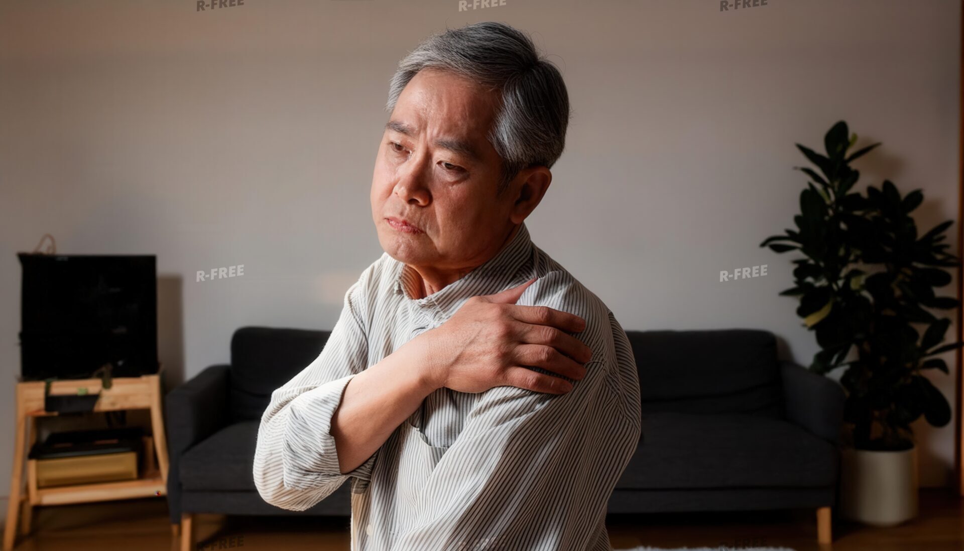 肩こりで左肩を押さえる夜の室内のシニア男性