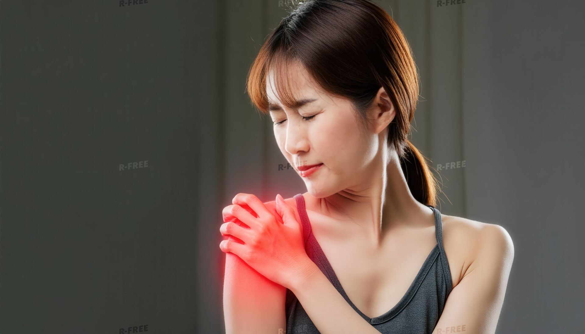 肩こりで赤く光る左肩を押さえるポニーテールの女性