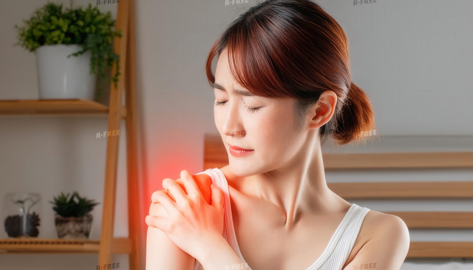 肩こりで赤く光る左肩を押さえる白タンクトップの女性