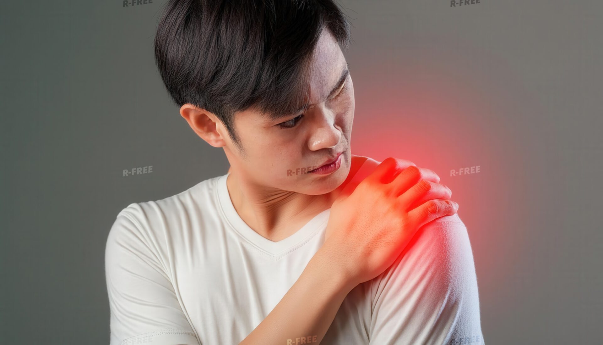 肩こりで左肩を強く押さえる赤い光の20代男性