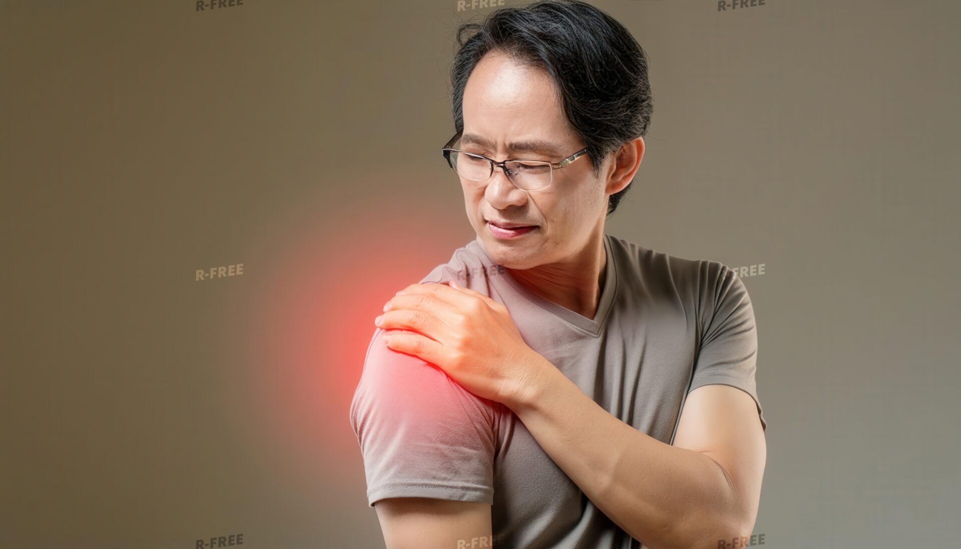 肩こりで右肩を押さえる赤い光の40代男性