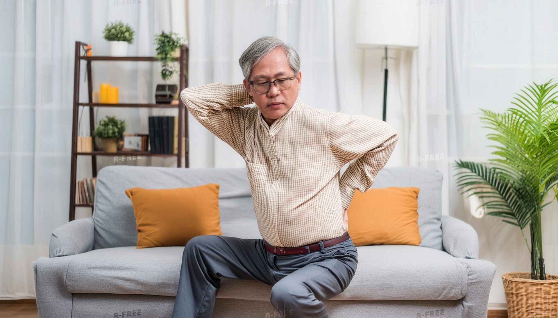 腰痛に苦しむ高齢男性の首と腰をさする姿