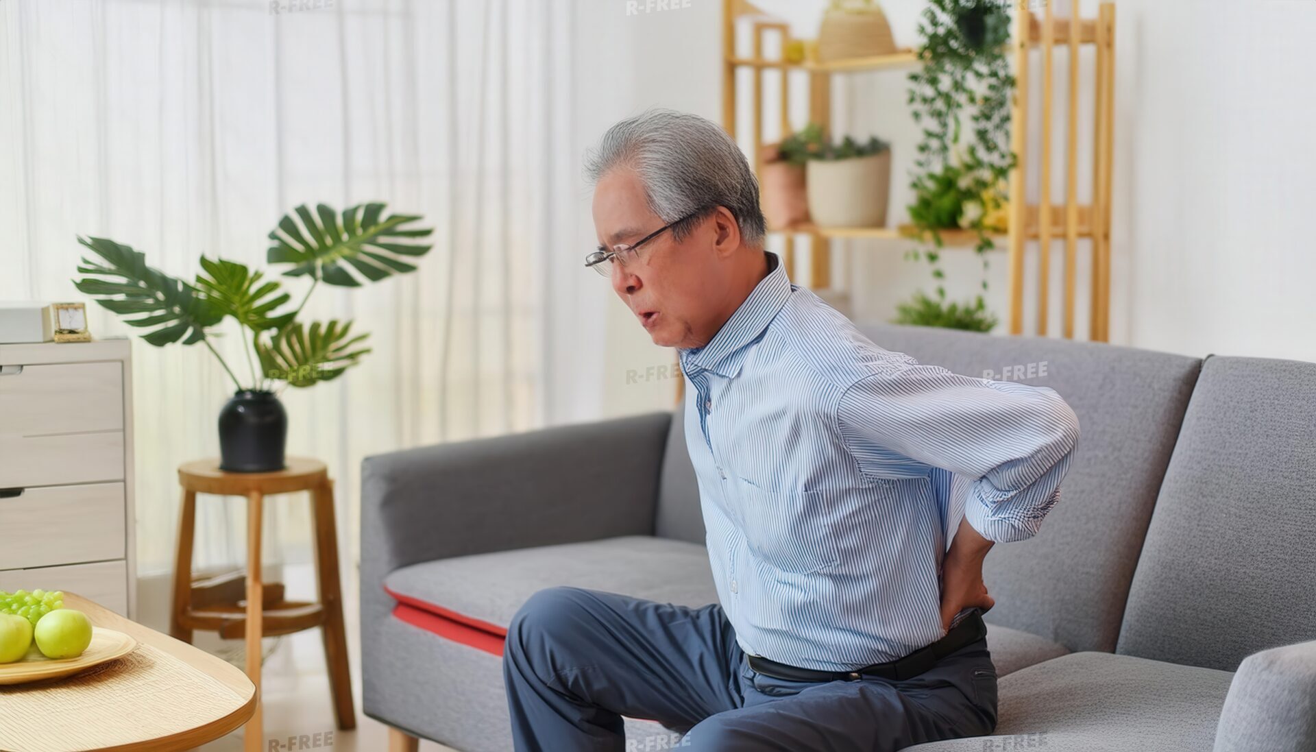 腰痛に苦しむ高齢男性の青いストライプシャツ姿