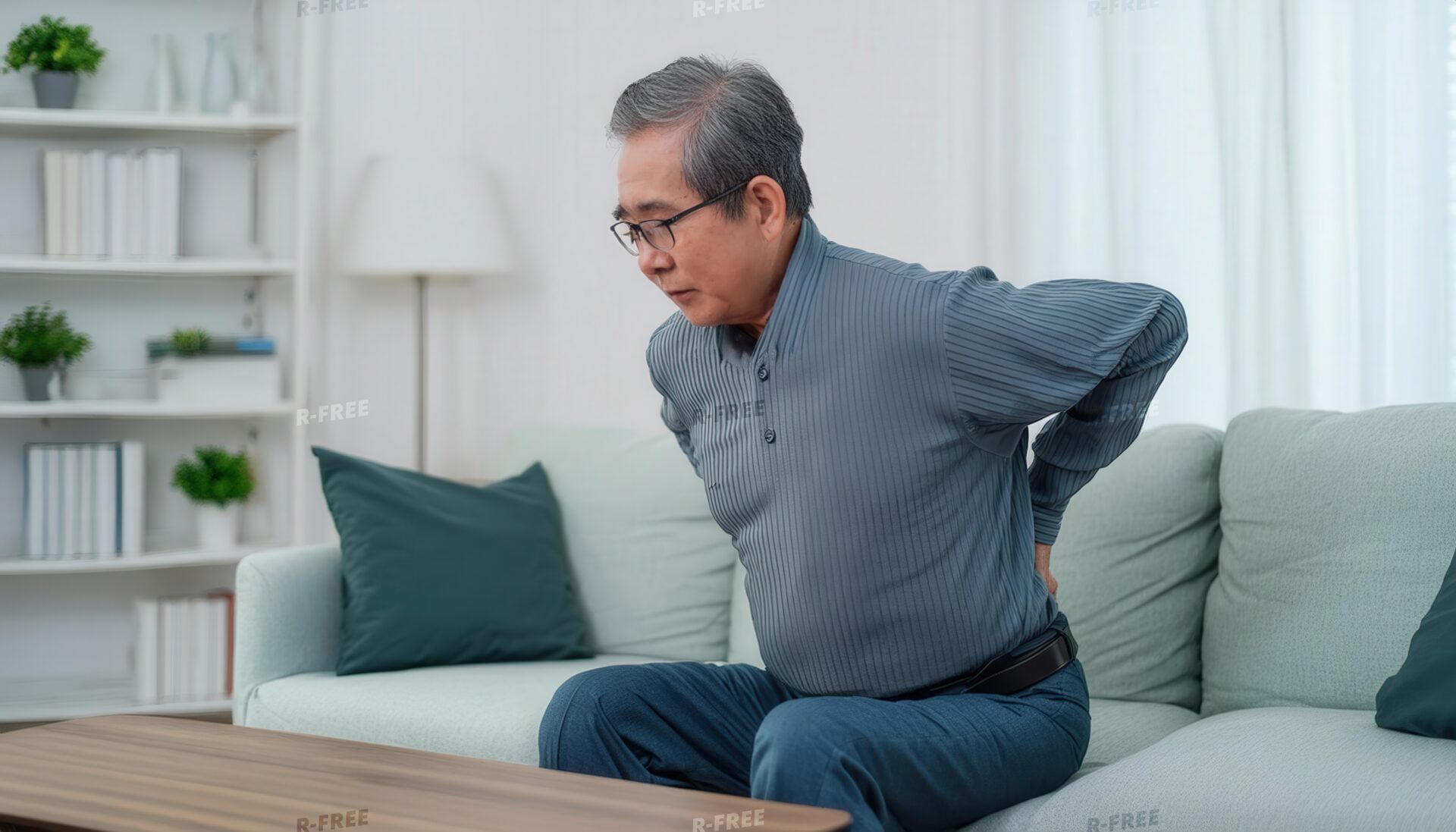 腰痛に苦しむ高齢男性のグレーシャツで腰をさする姿