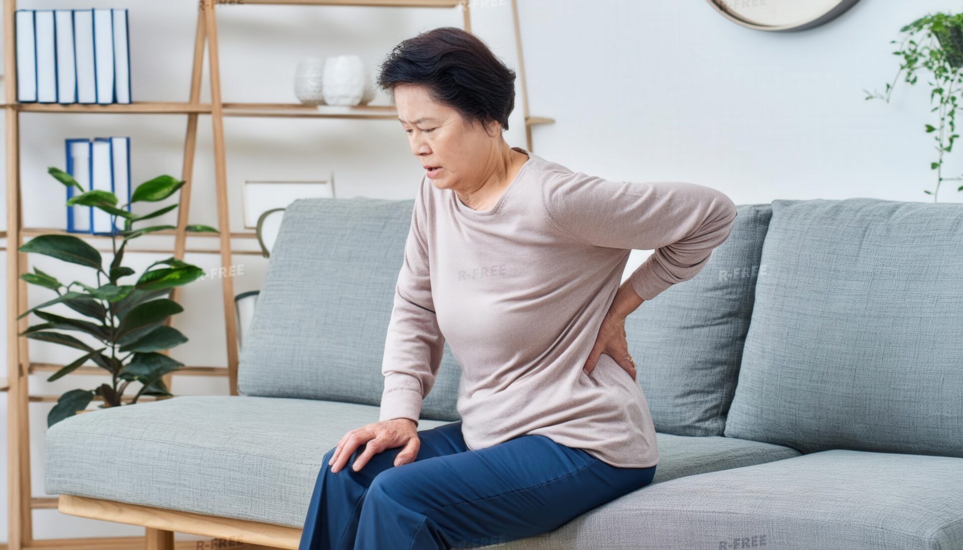 腰痛で腰に手を当て痛みをこらえる女性と観葉植物