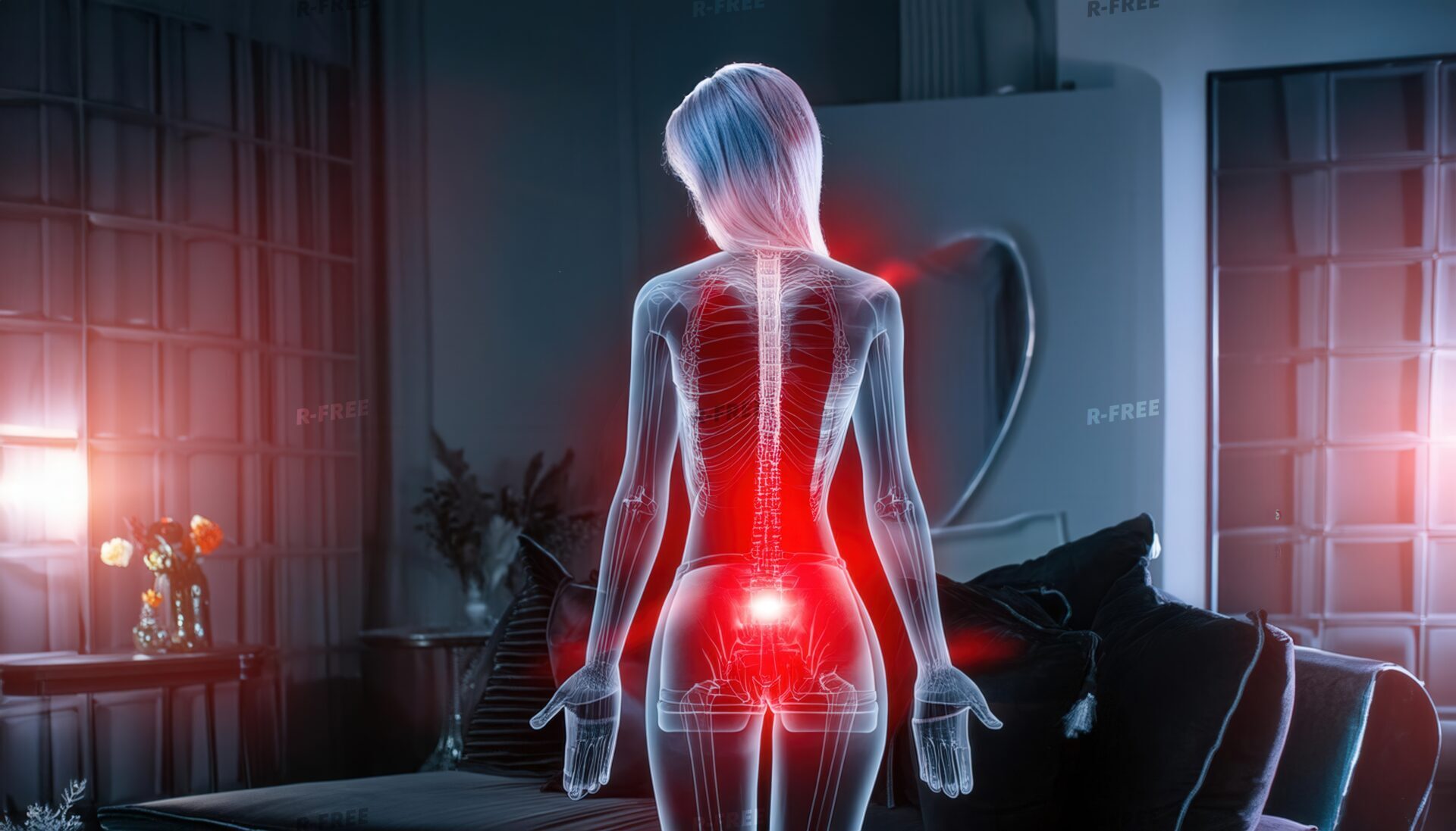 腰痛で腰椎が赤く光るソファーのある薄暗い部屋の女性