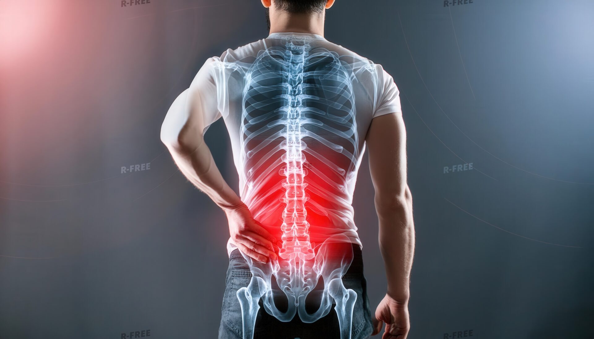 腰痛で腰に手を当てる白いTシャツ姿の男性