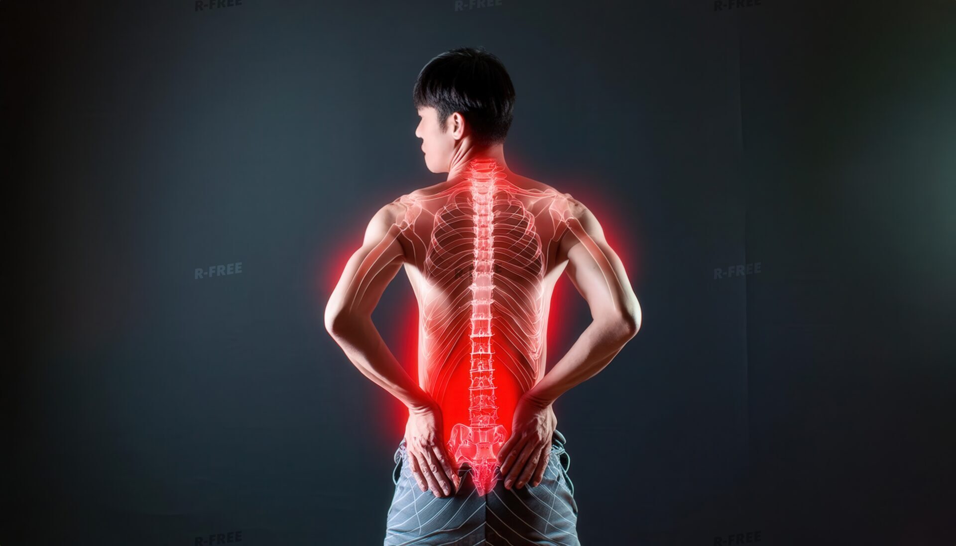 腰痛で腰に手を当てる背中を向けた裸の男性