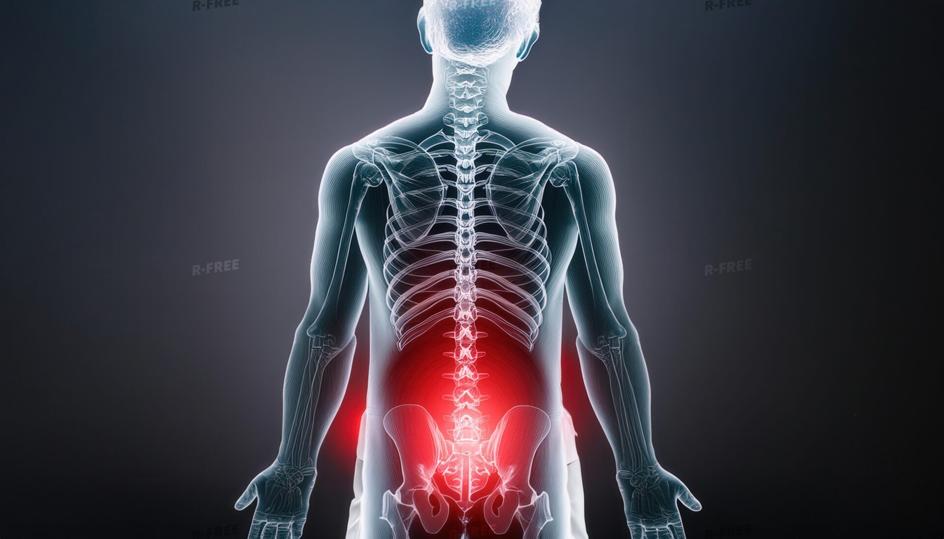 腰痛を赤い発光で示す背面シルエットの男性