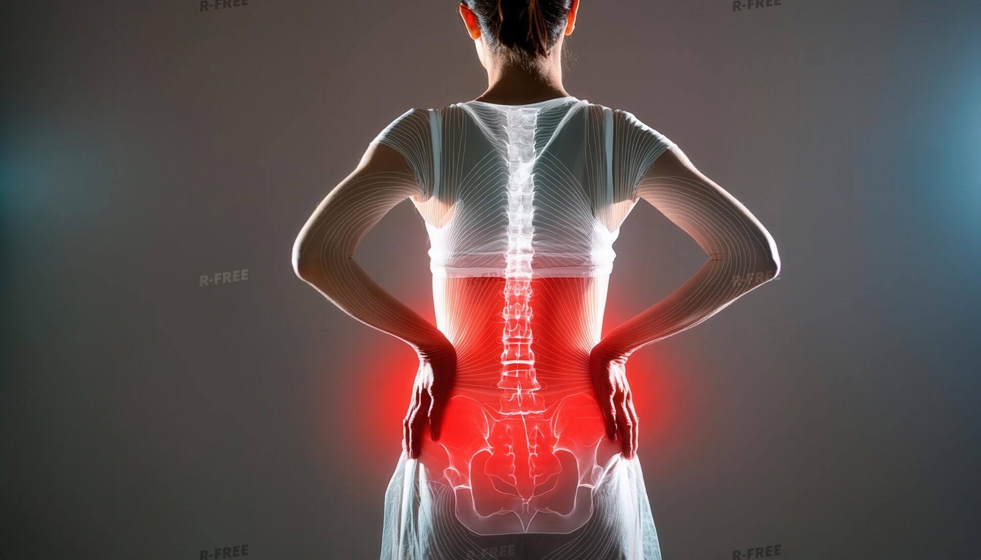 腰痛で腰に手を当てる背後から見た女性の透視人体
