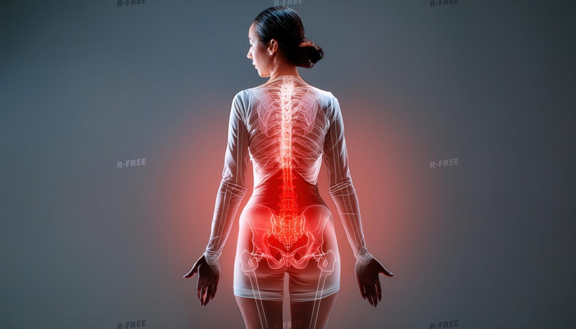 腰痛で腰が赤く光る白いタイトウェアの女性