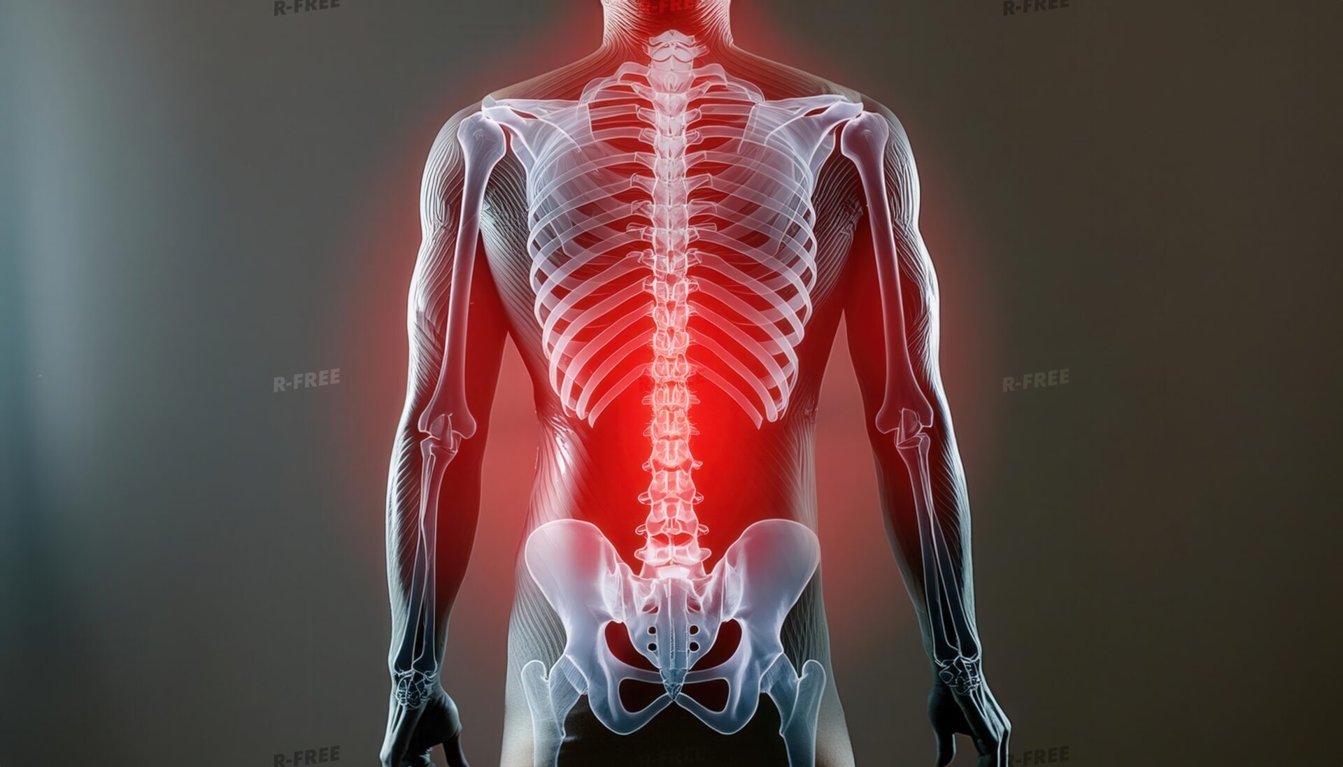 腰痛で背骨と腰が赤く発光する背面の男性