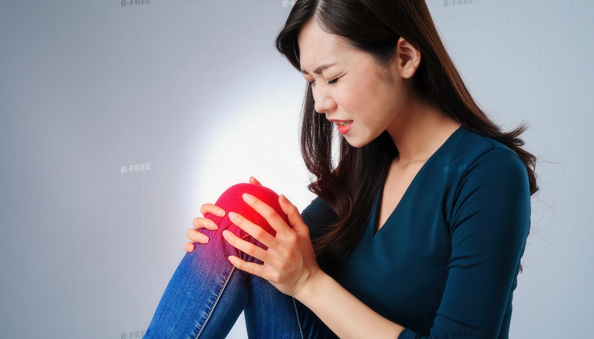 赤く光る膝を両手で押さえ苦痛に顔を歪める長髪女性
