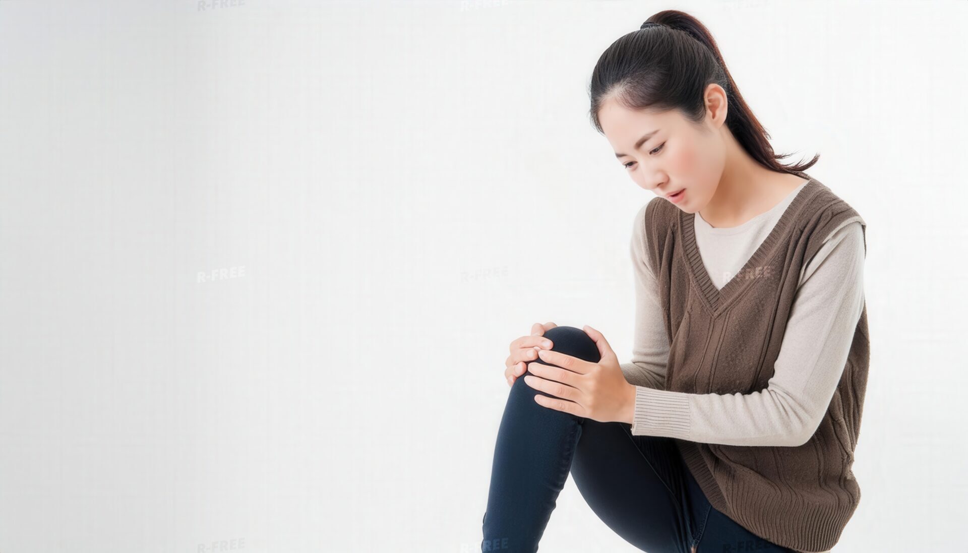 茶色のニットベスト姿で左膝を両手で押さえる女性