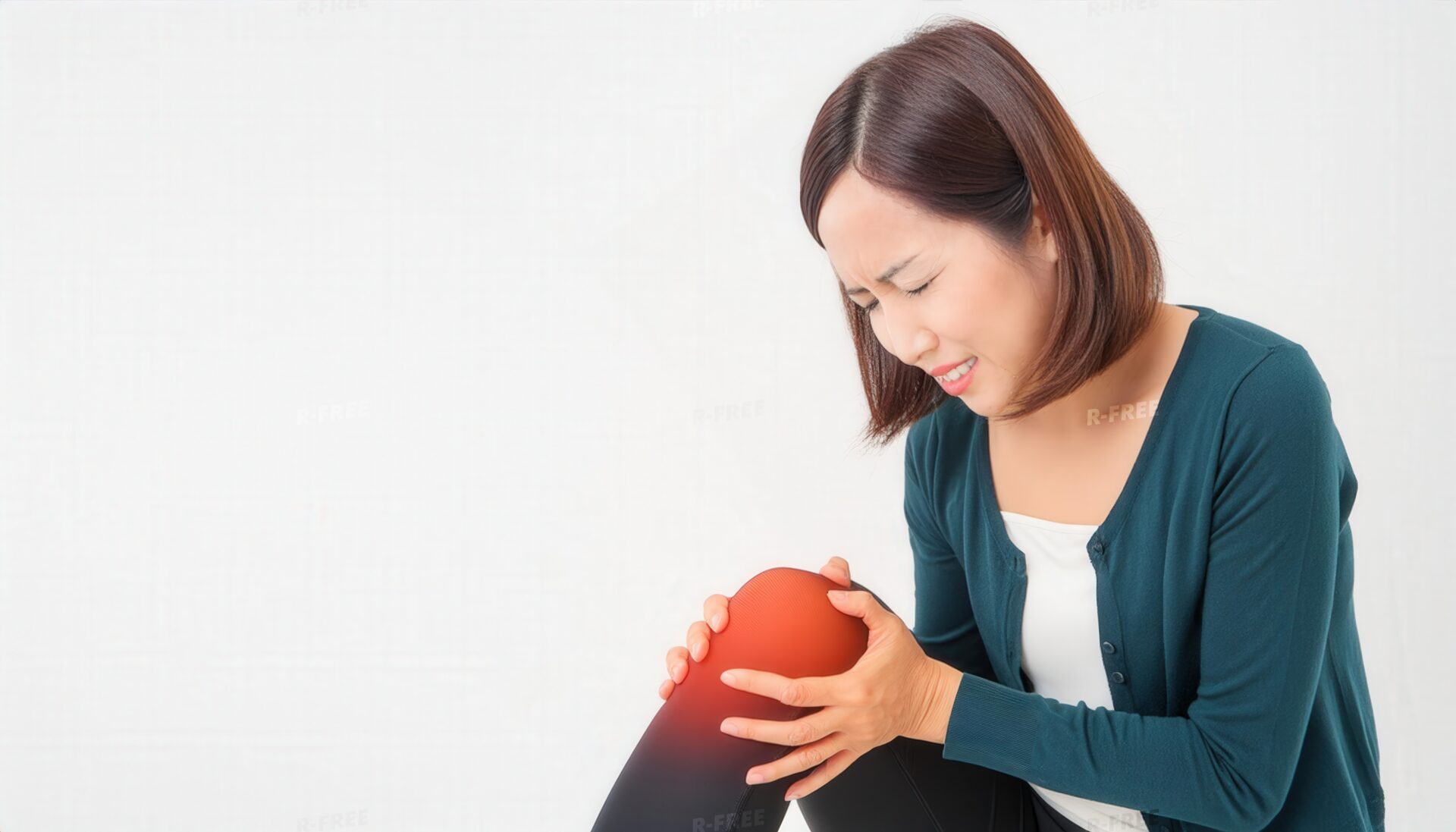 濃緑カーディガン姿で右側に座り膝を両手で押さえる女性