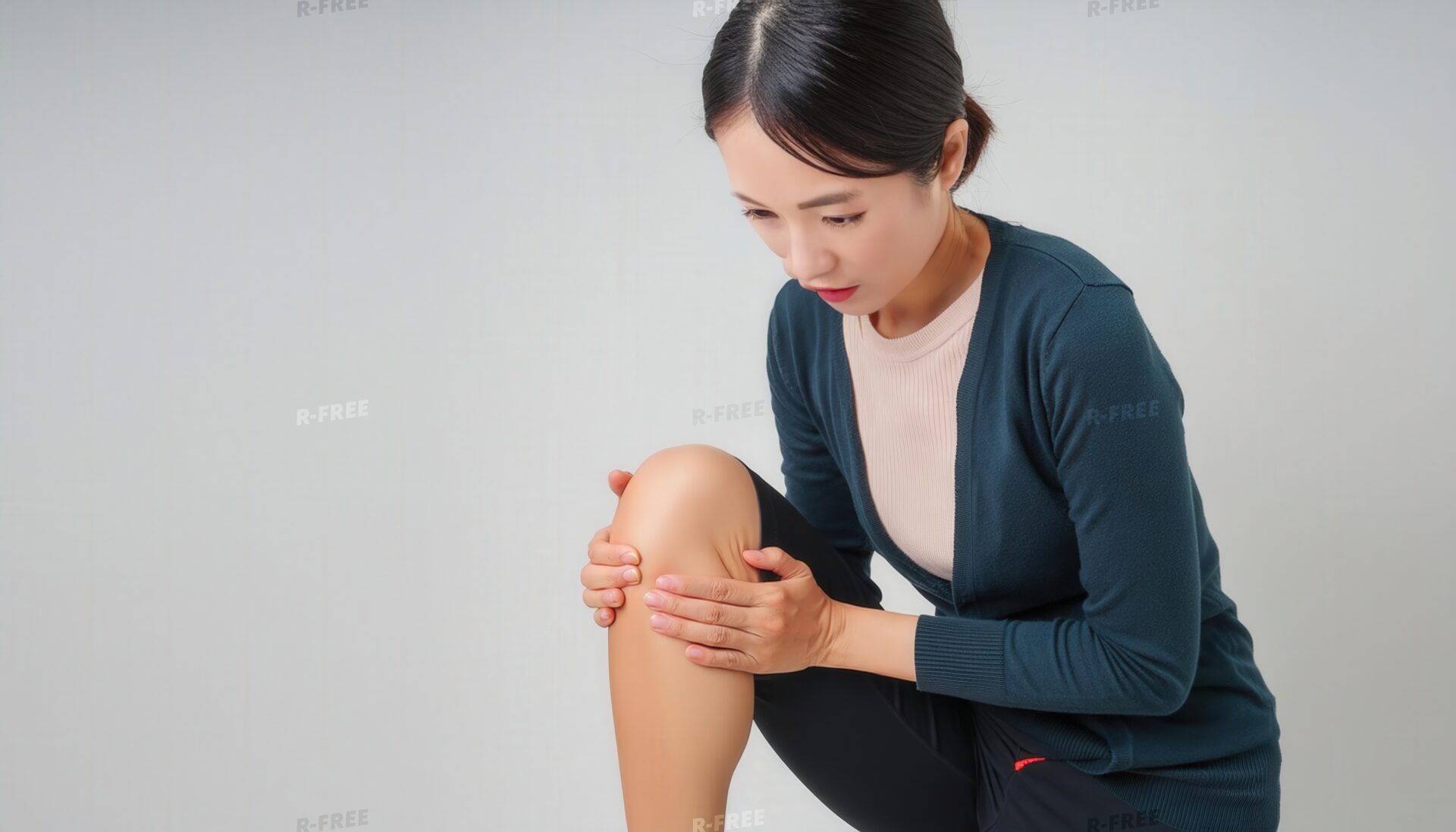 濃紺カーディガン姿で左膝の両脇を押さえる黒髪女性