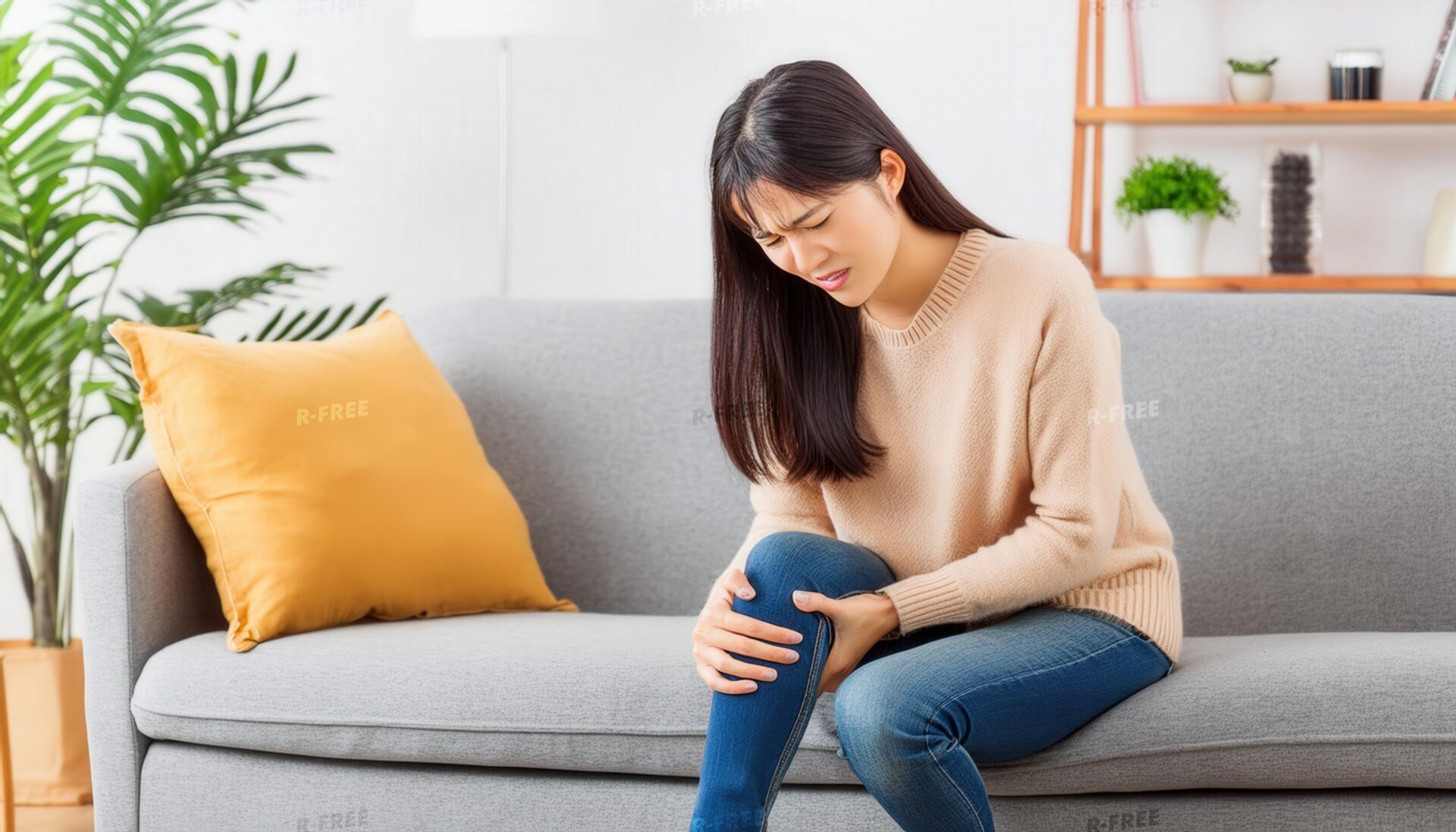 ベージュのセーター姿でリビングのソファに座り右膝を押さえる女性
