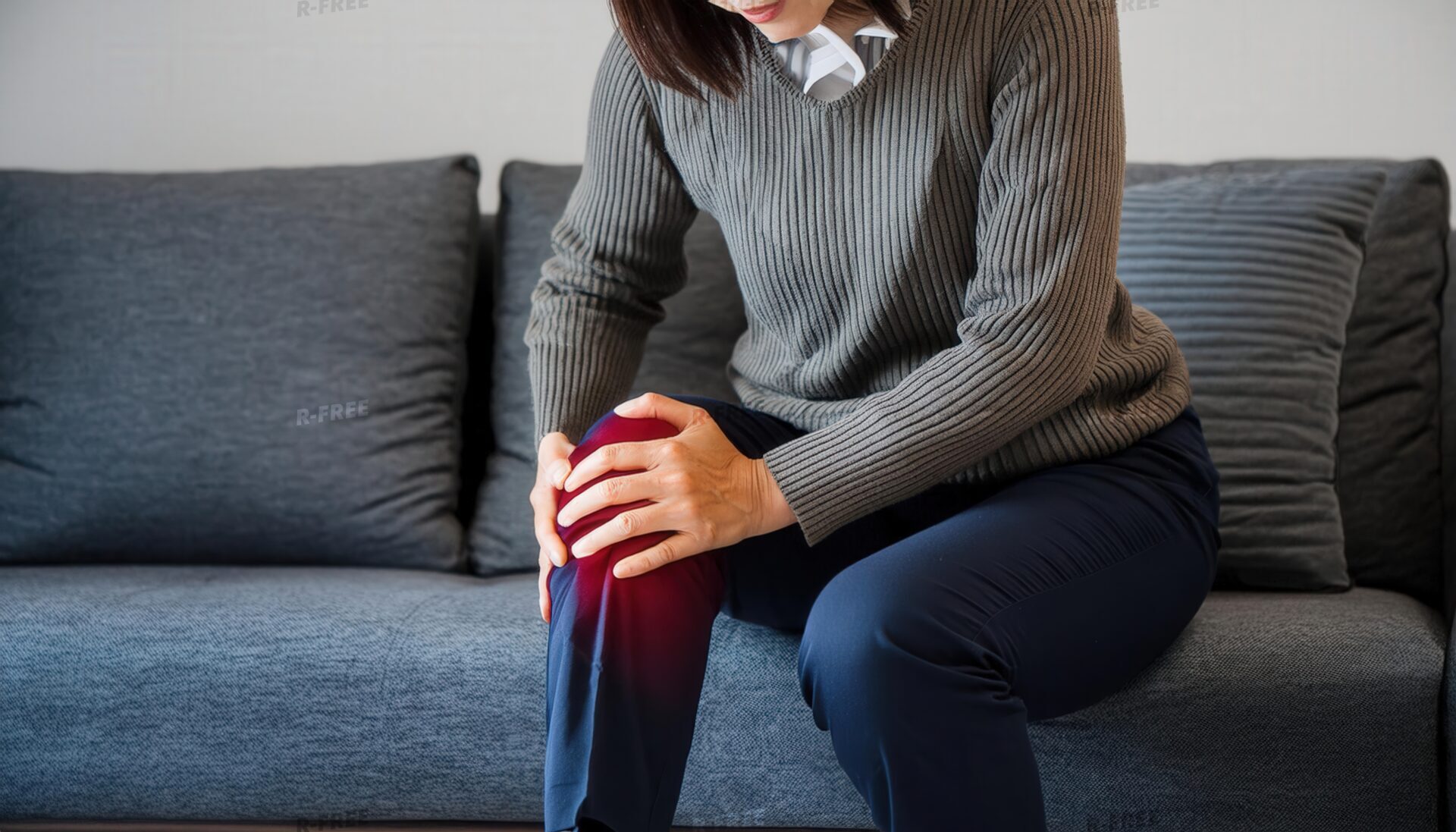 グレーのニットと白シャツ姿で赤い左膝を押さえる女性