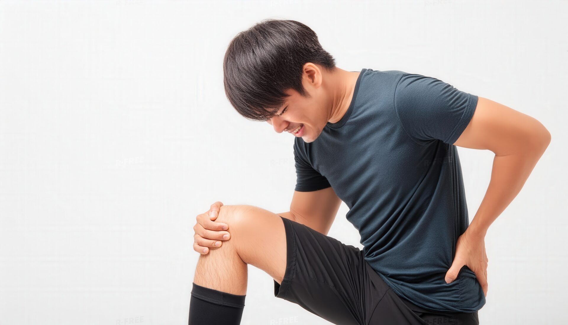 膝の痛みに苦悶し左膝と腰を押さえる紺色Tシャツの男性