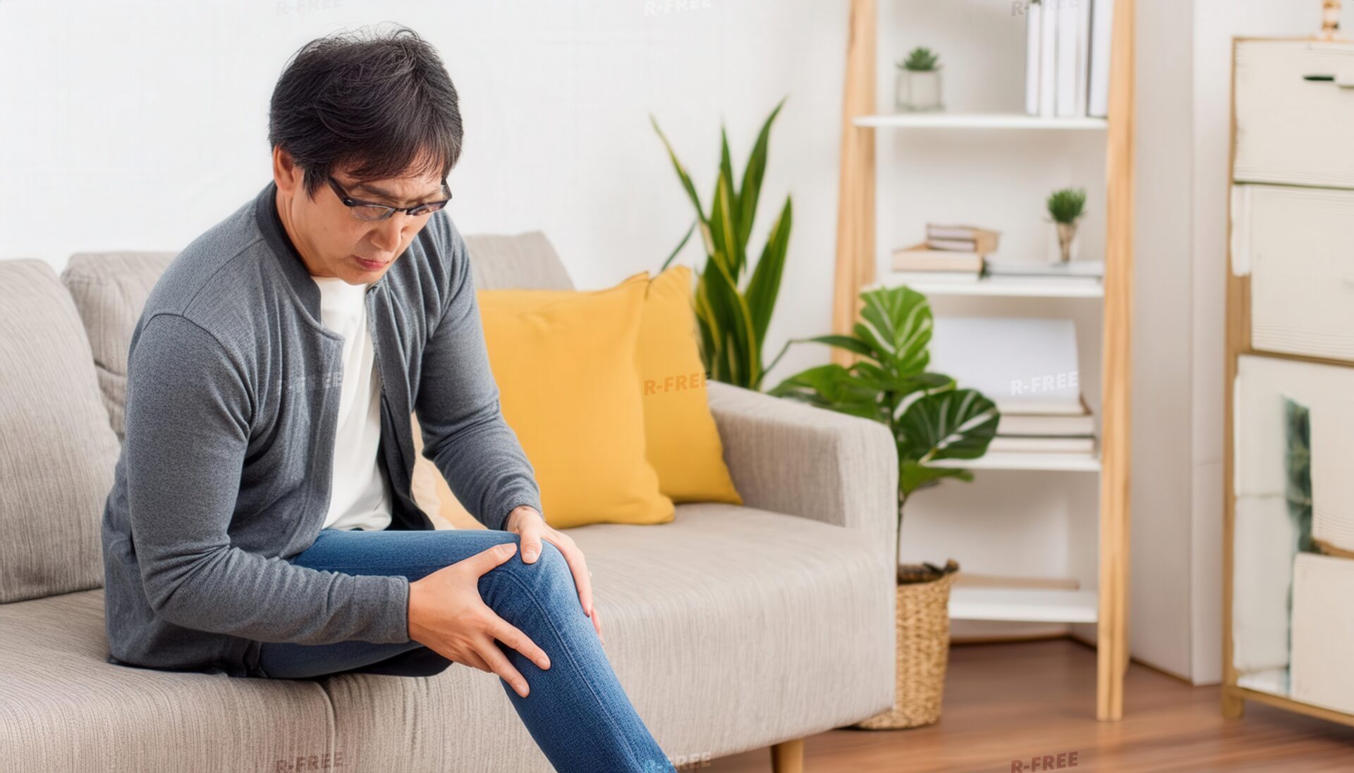 ソファで膝を抱える男性
