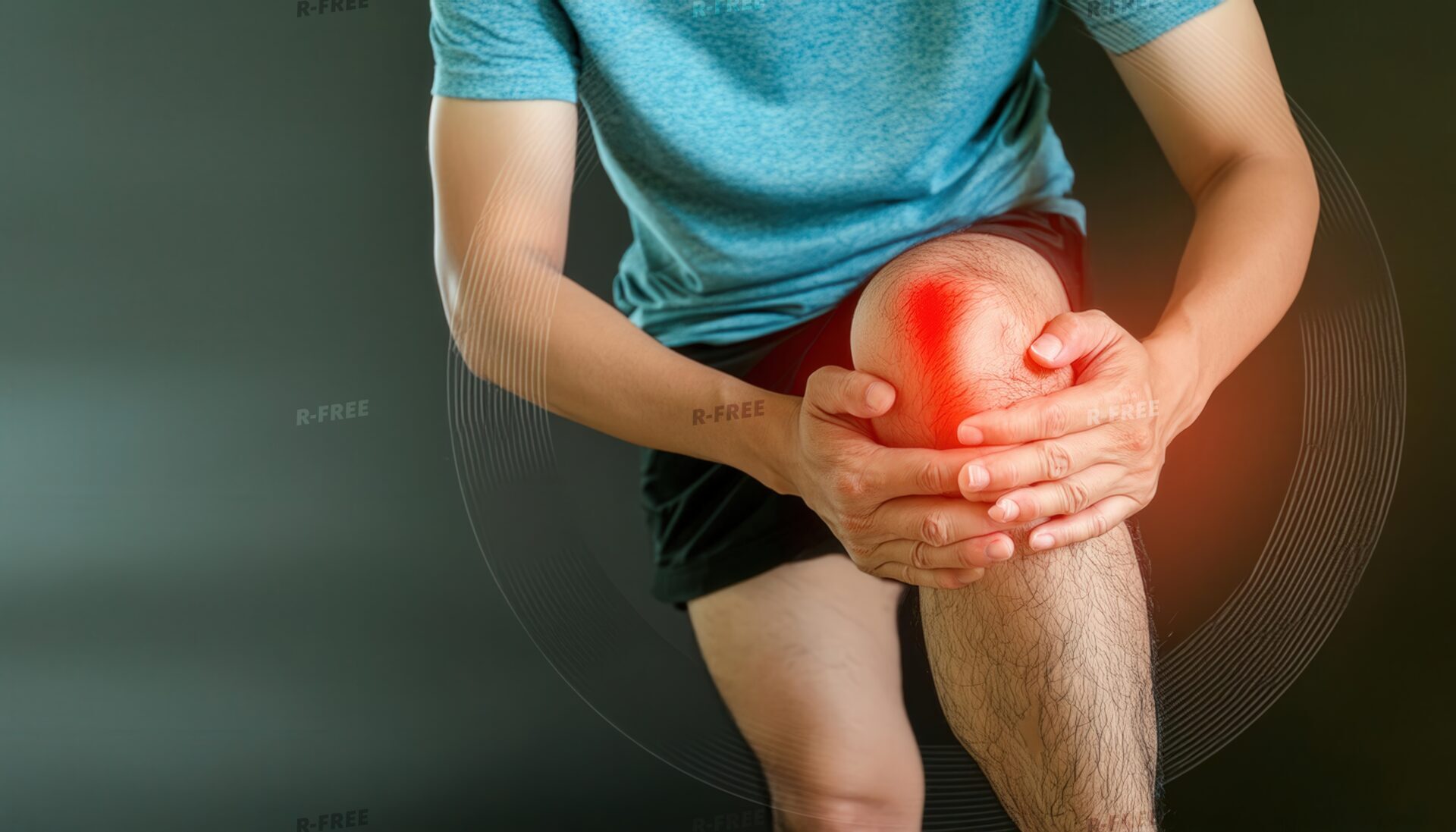 膝の痛みで右膝を両手で押さえ前かがみになる青いTシャツの男性
