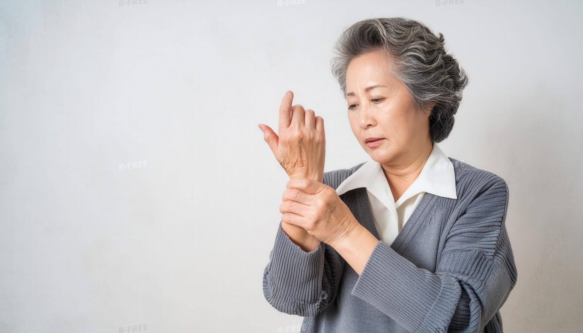 グレーカーディガンで右手首を押さえる険しいおばあさん