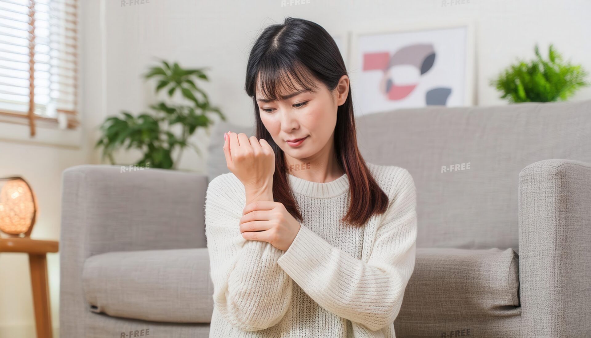 白いニットで左手首を押さえるリビングの女性