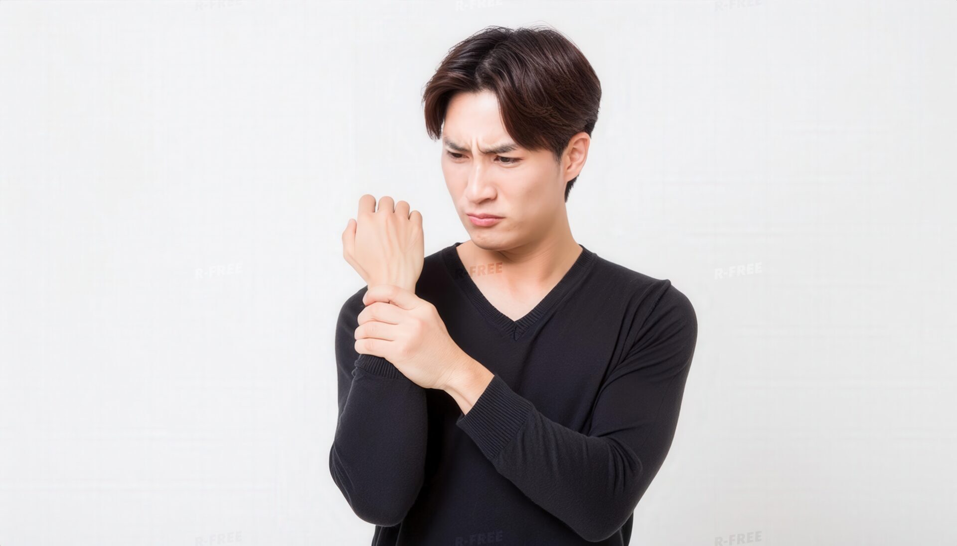 白い壁の前で右手首を押さえる黒服の男性